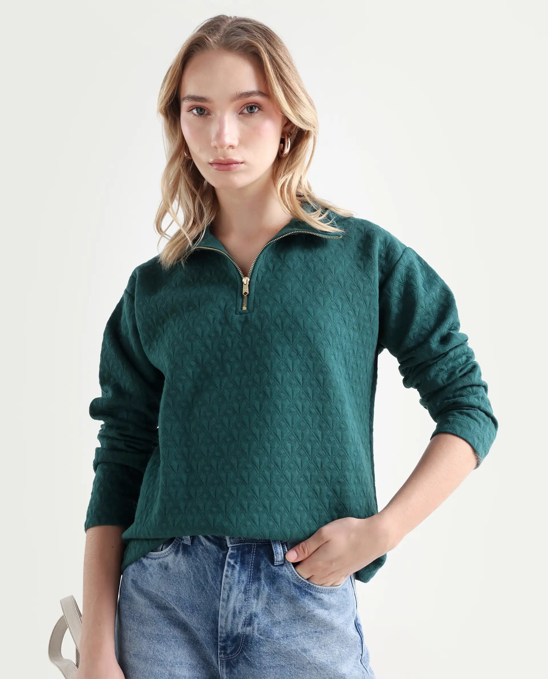 Rareism Women's Bozo Green High Neck Textured Regular Fit Sweatshirt