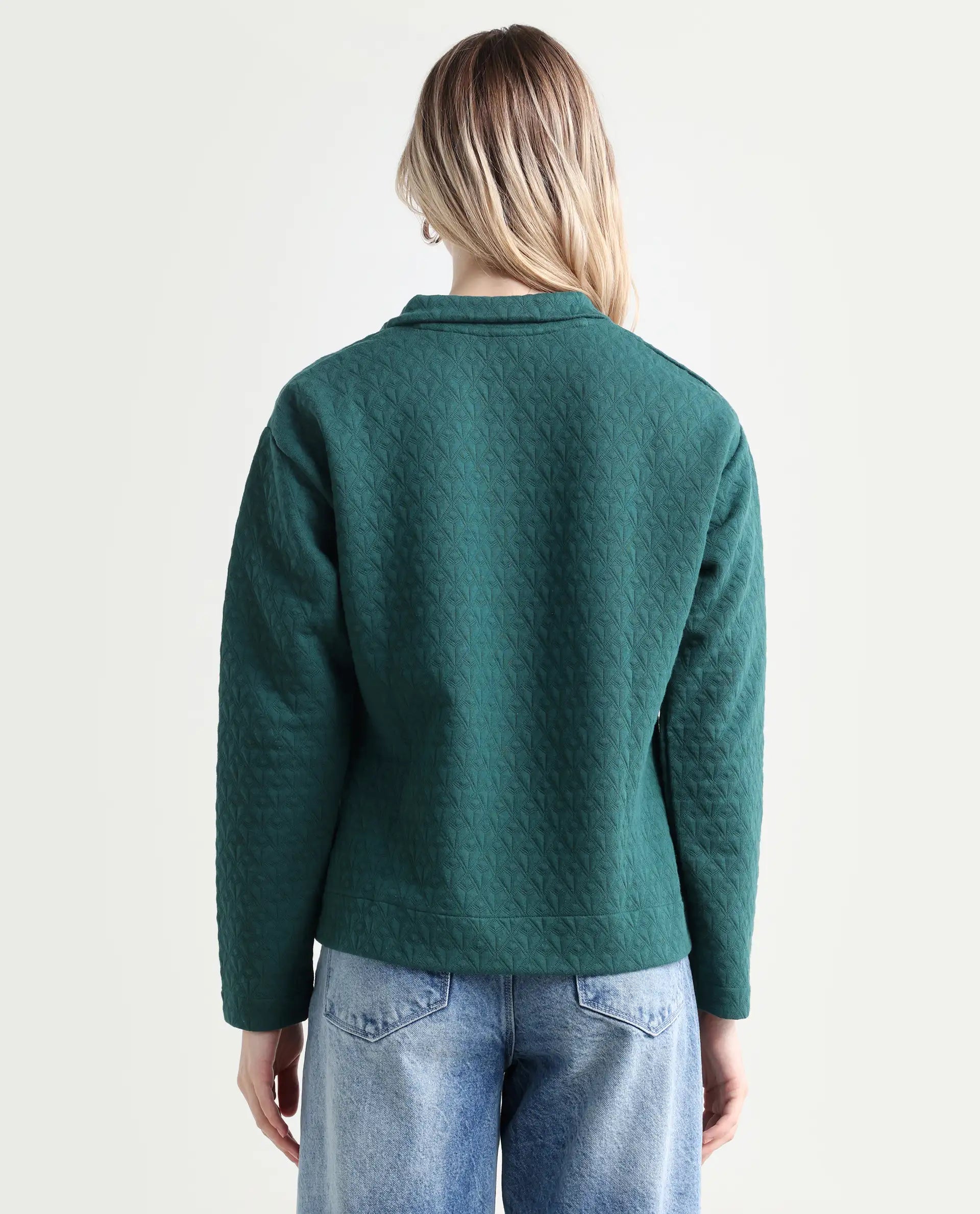 Rareism Women's Bozo Green High Neck Textured Regular Fit Sweatshirt