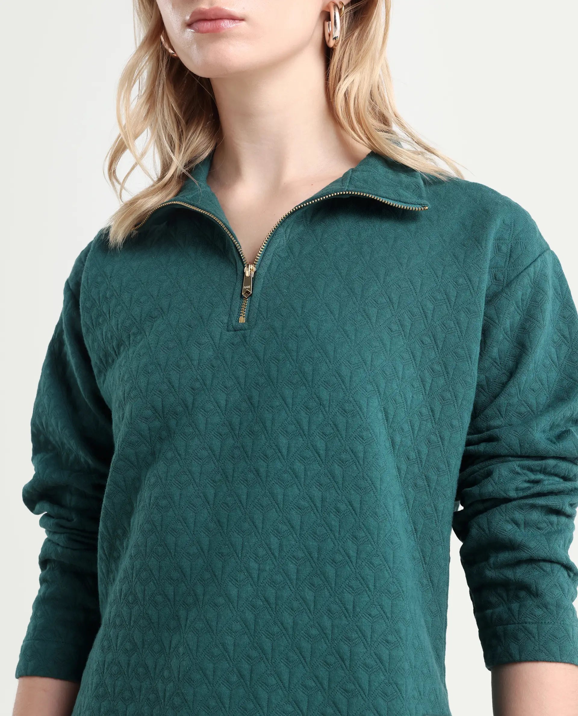 Rareism Women's Bozo Green High Neck Textured Regular Fit Sweatshirt