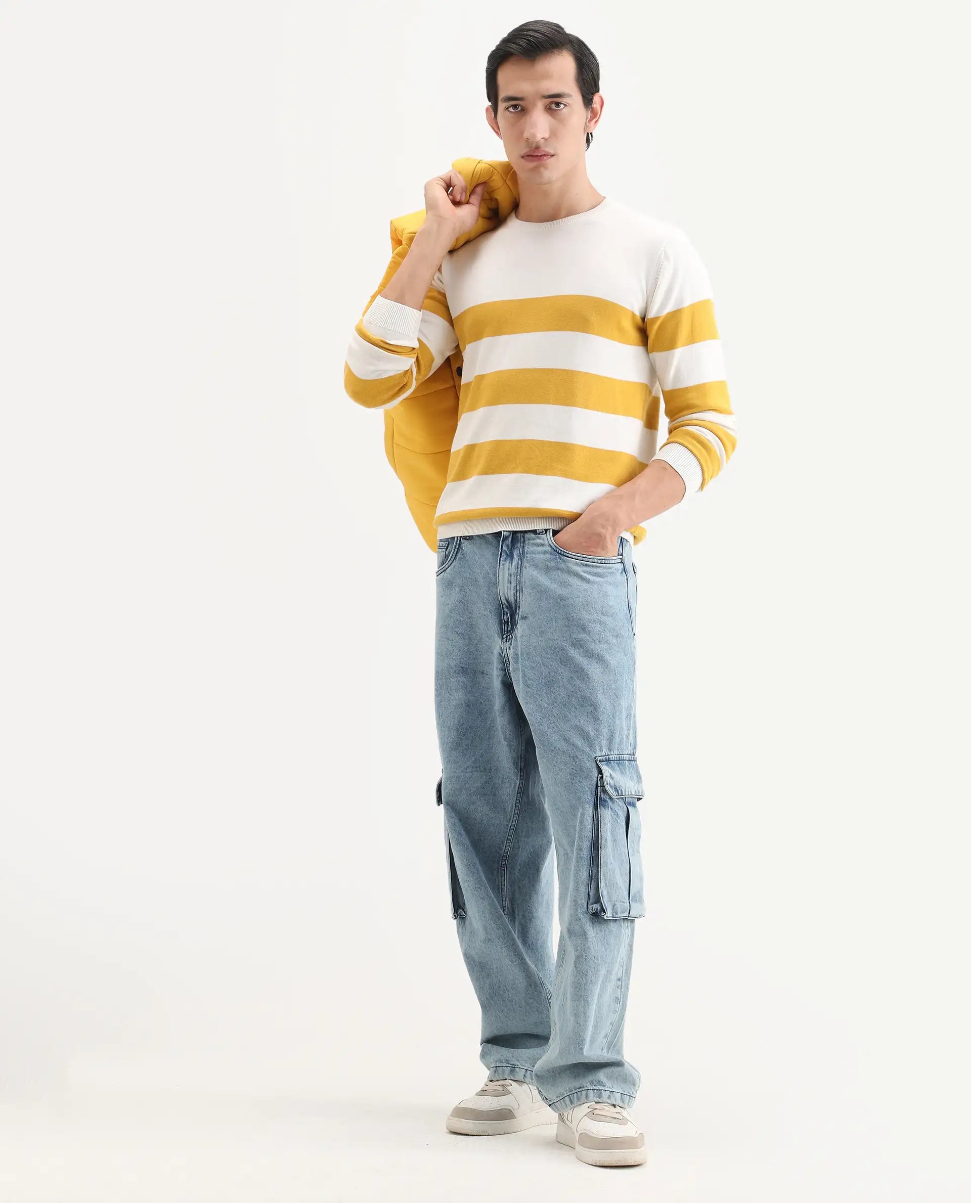 Rare Rabbit Men's Marri Yellow Cotton Striped Print Regular Fit Full Sleeve Crew Neck Sweater