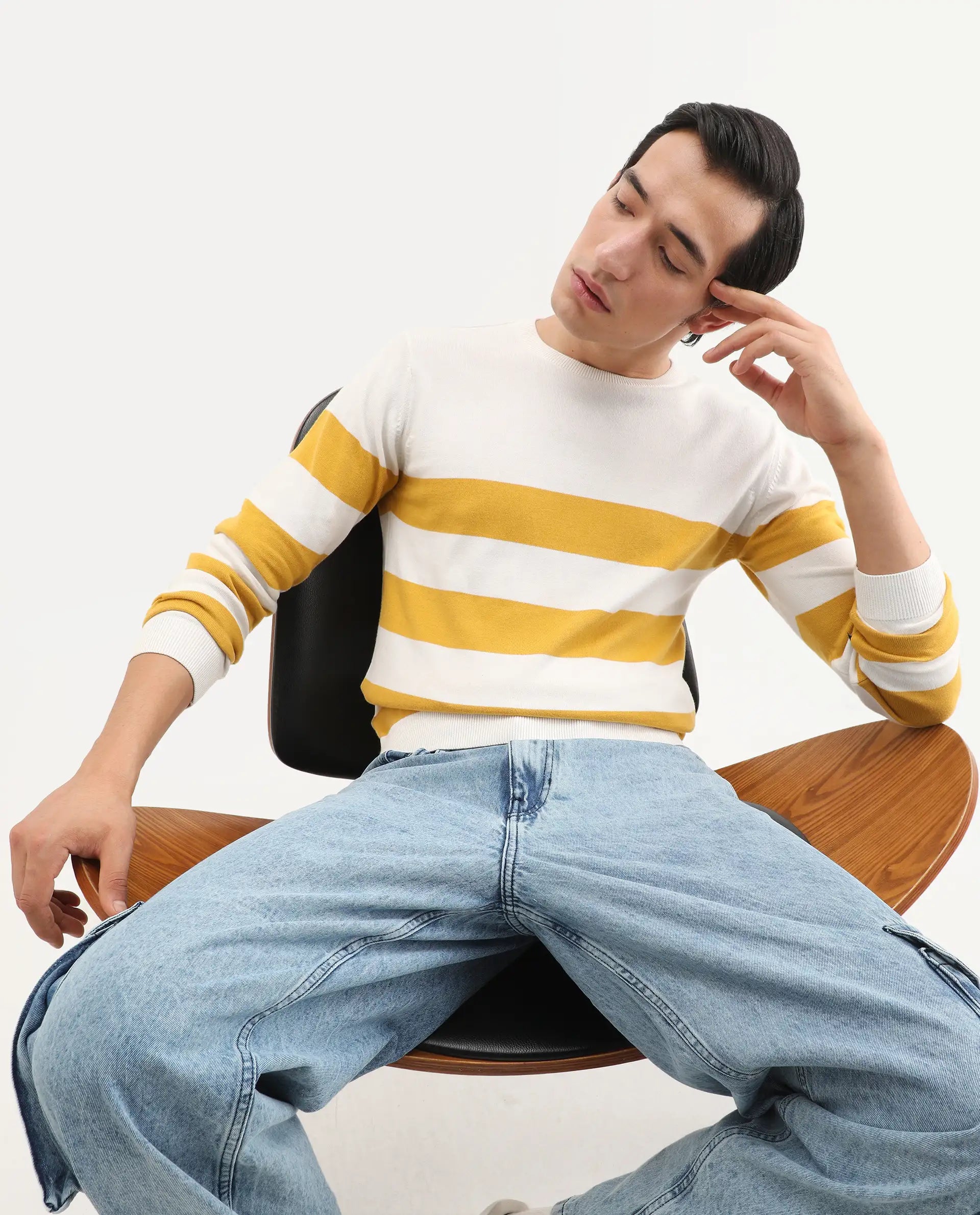 Rare Rabbit Men's Marri Yellow Cotton Striped Print Regular Fit Full Sleeve Crew Neck Sweater