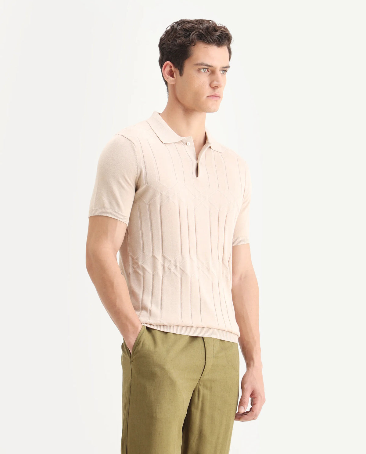 Rare Rabbit Men's Link Beige Cotton Striped Print Slim Fit Half Sleeve Polo