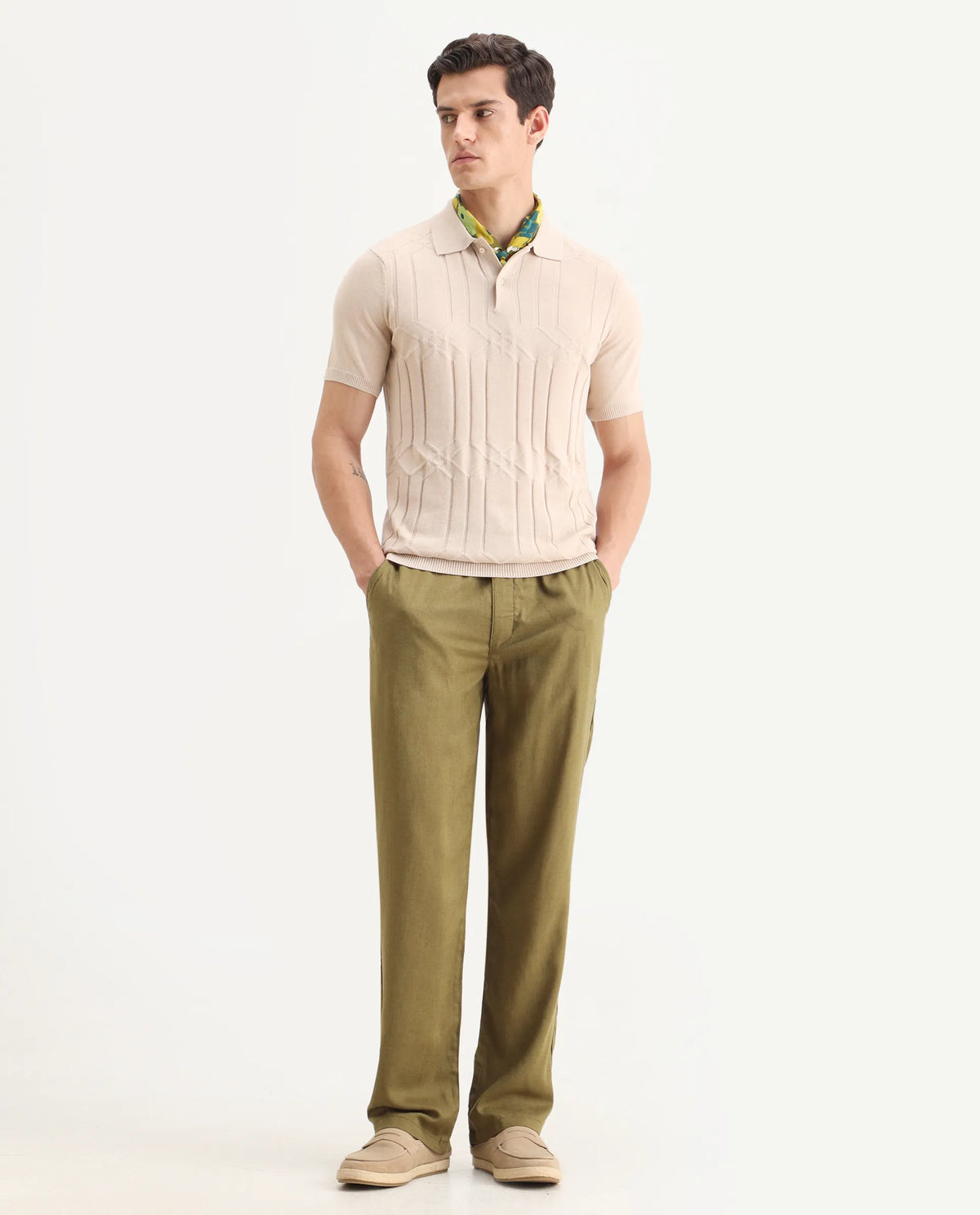 Rare Rabbit Men's Link Beige Cotton Striped Print Slim Fit Half Sleeve Polo