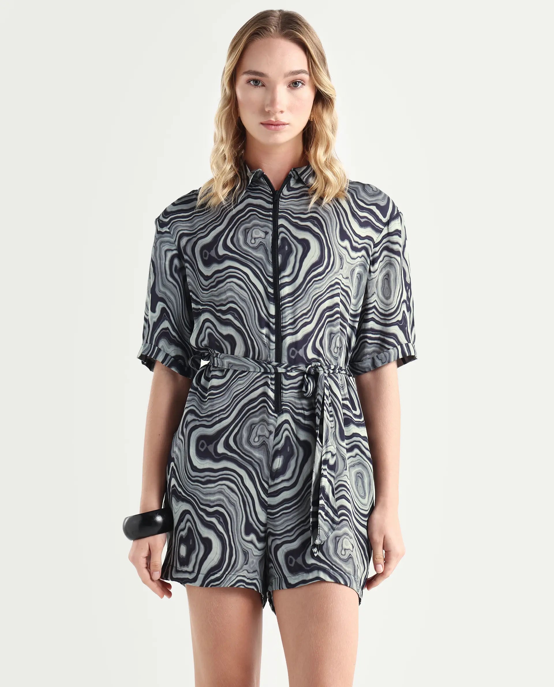 Rareism Women's Santa Black Modal Blend Spread Collar Abstract Print Regular Fit Playsuit