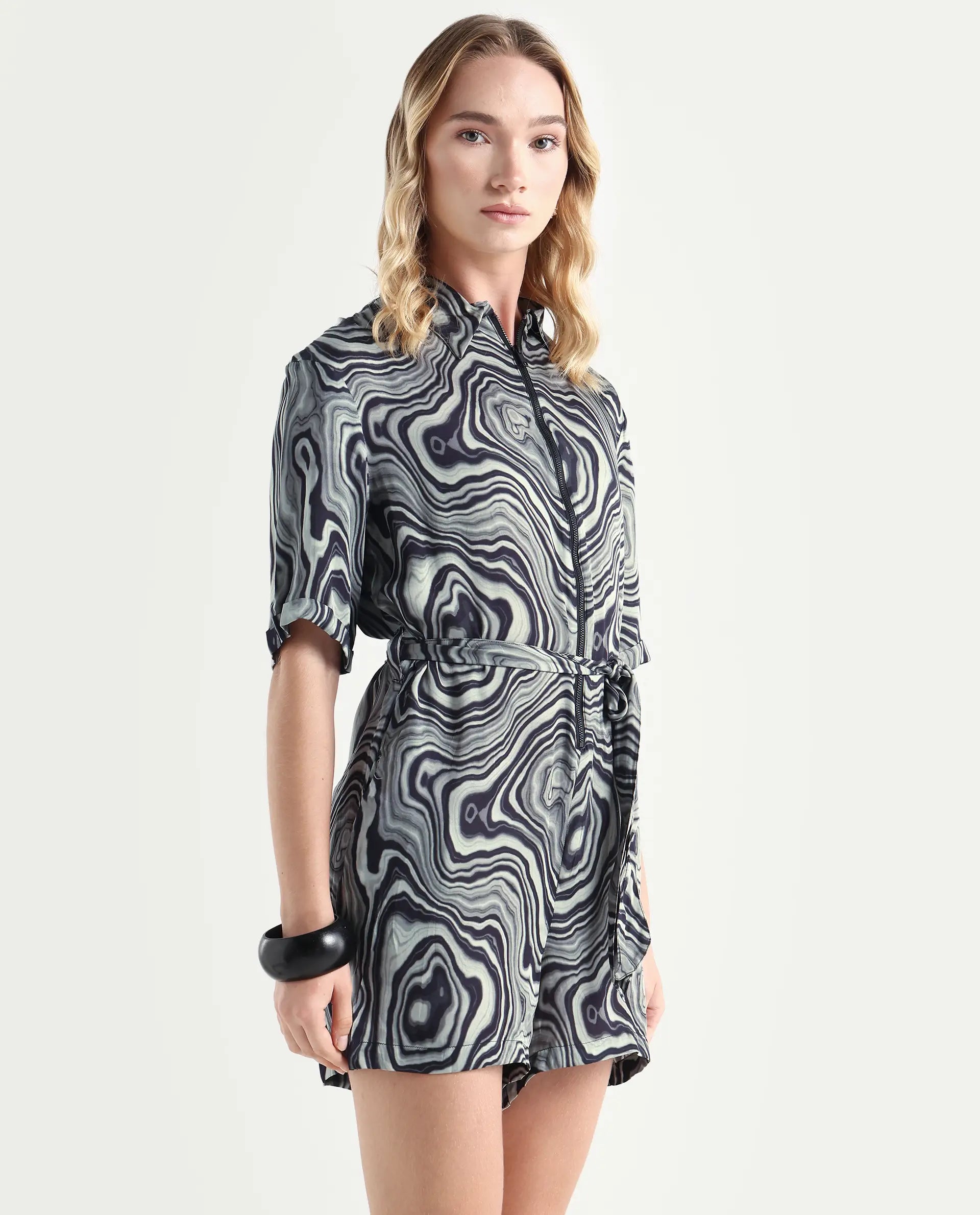 Rareism Women's Santa Black Modal Blend Spread Collar Abstract Print Regular Fit Playsuit