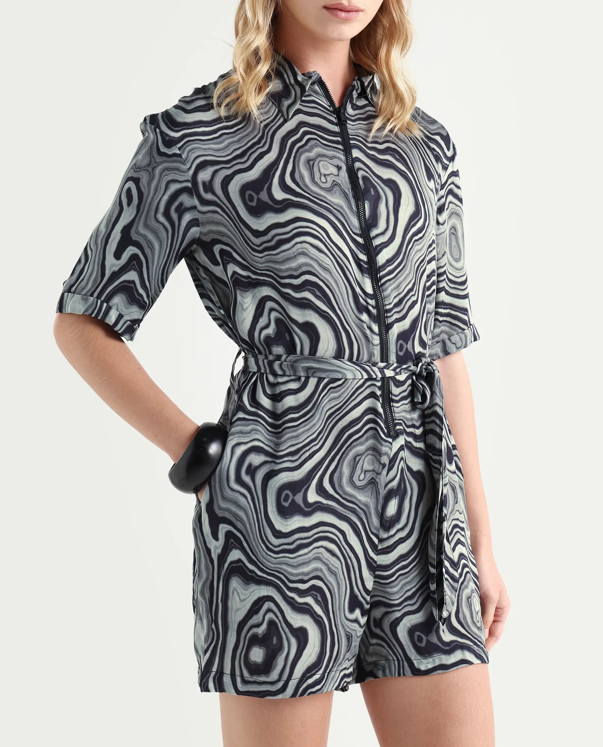 Rareism Women's Santa Black Modal Blend Spread Collar Abstract Print Regular Fit Playsuit