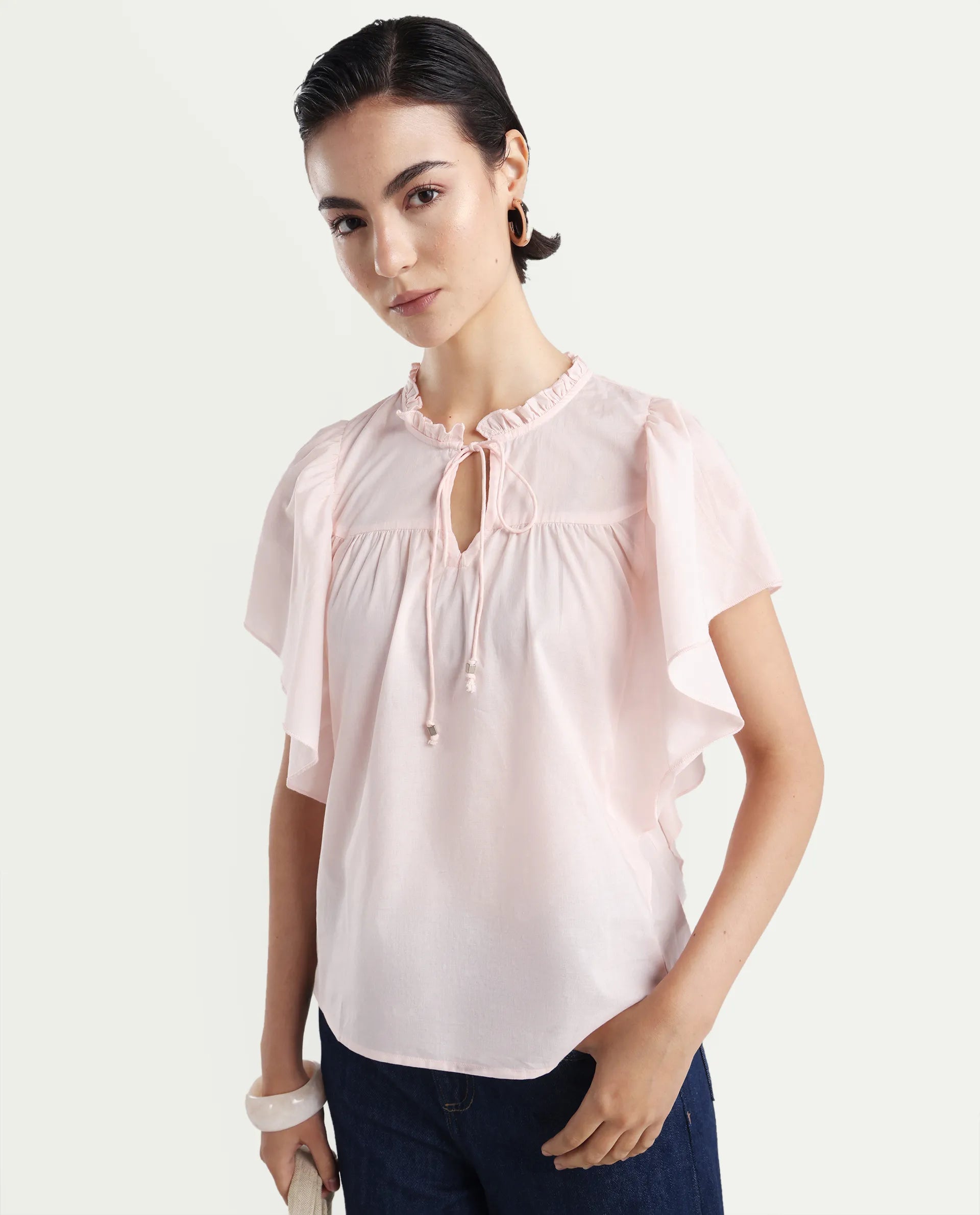 Rareism Women's Zues Pink Cotton Tie-Up Neck Plain Ruffled Sleeve Relaxed Fit Top