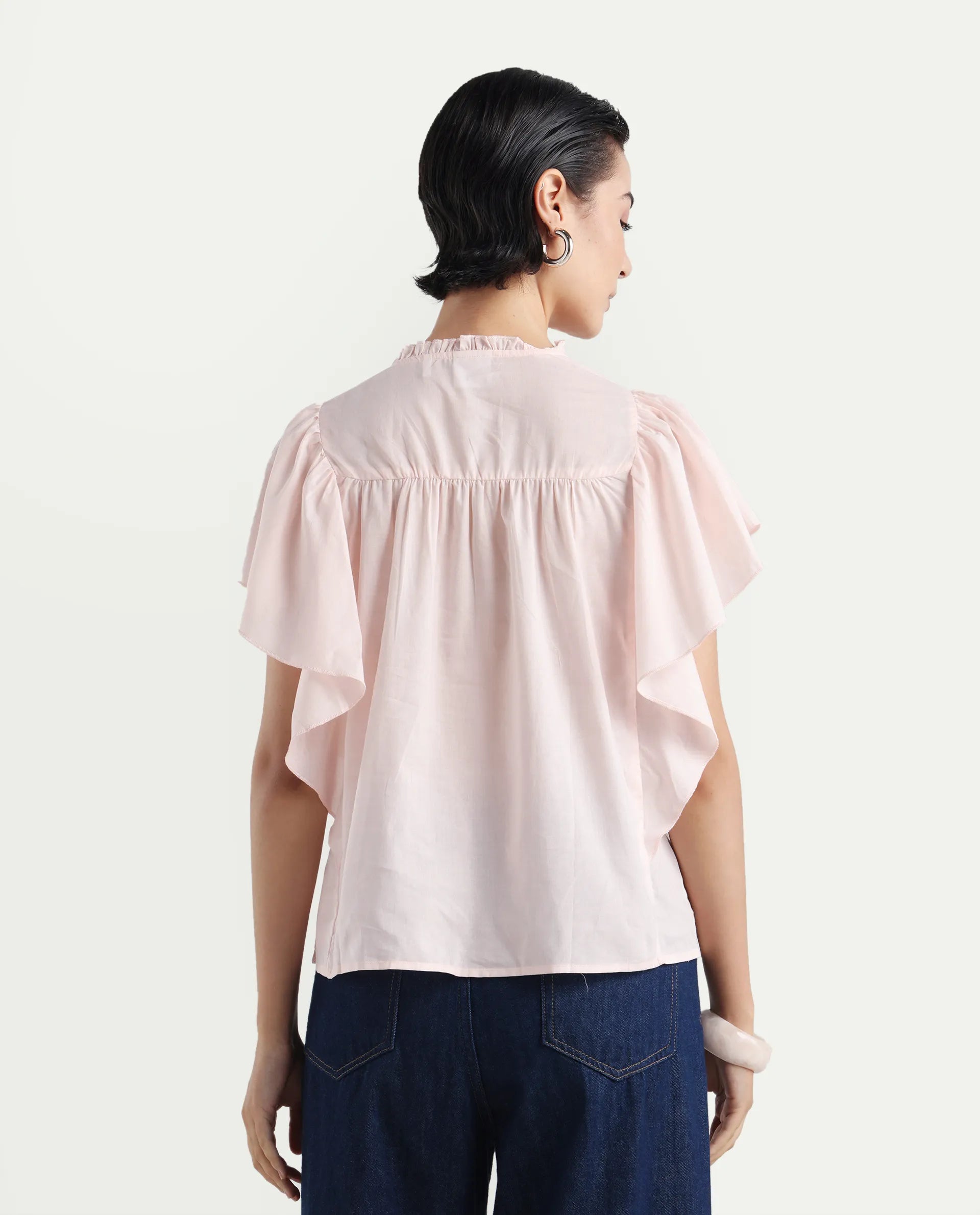 Rareism Women's Zues Pink Cotton Tie-Up Neck Plain Ruffled Sleeve Relaxed Fit Top