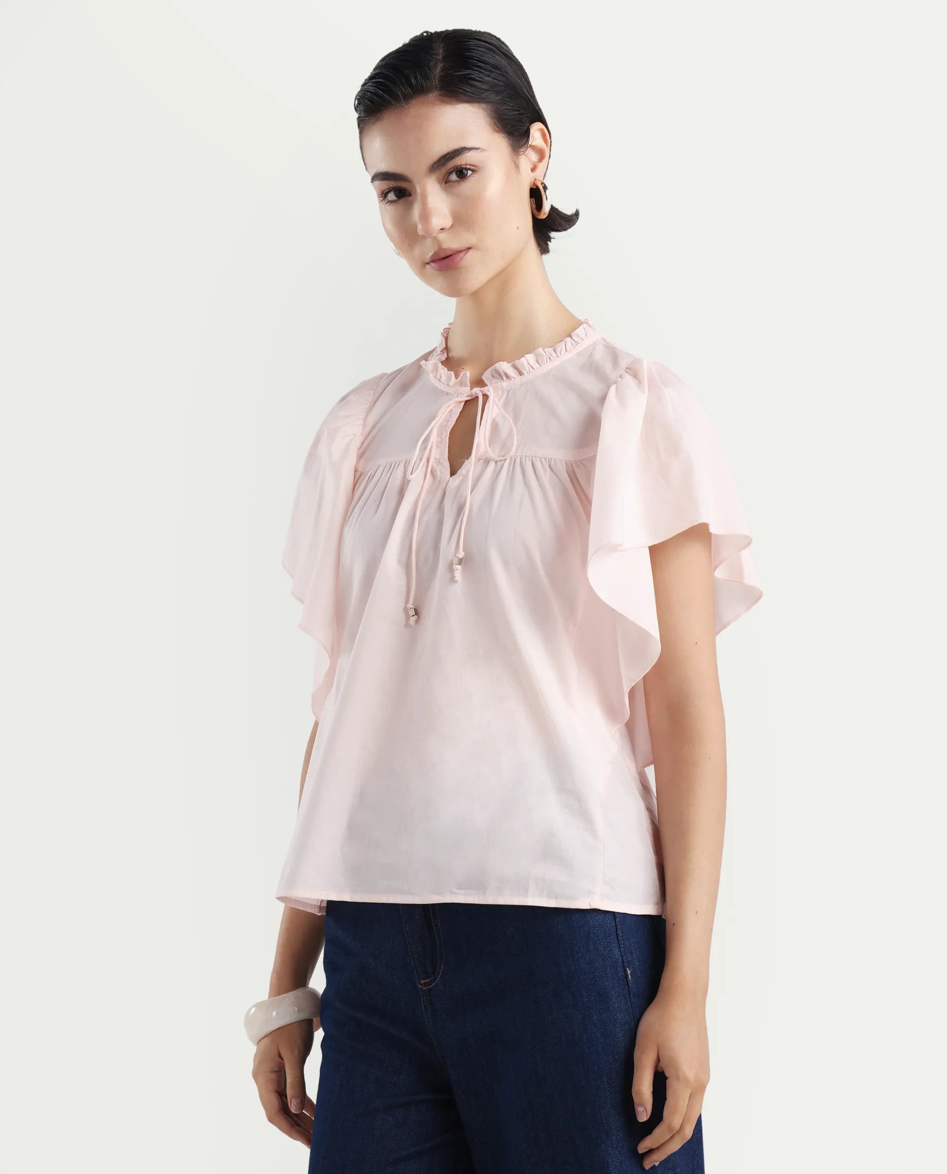 Rareism Women's Zues Pink Cotton Tie-Up Neck Plain Ruffled Sleeve Relaxed Fit Top