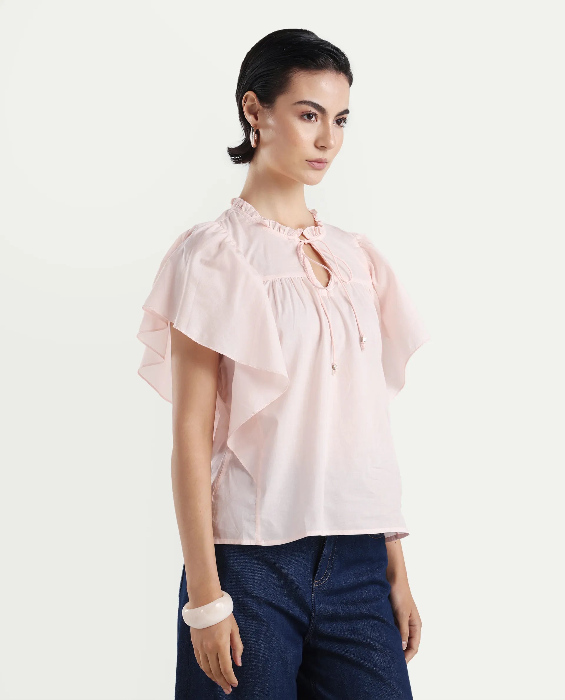 Rareism Women's Zues Pink Cotton Tie-Up Neck Plain Ruffled Sleeve Relaxed Fit Top