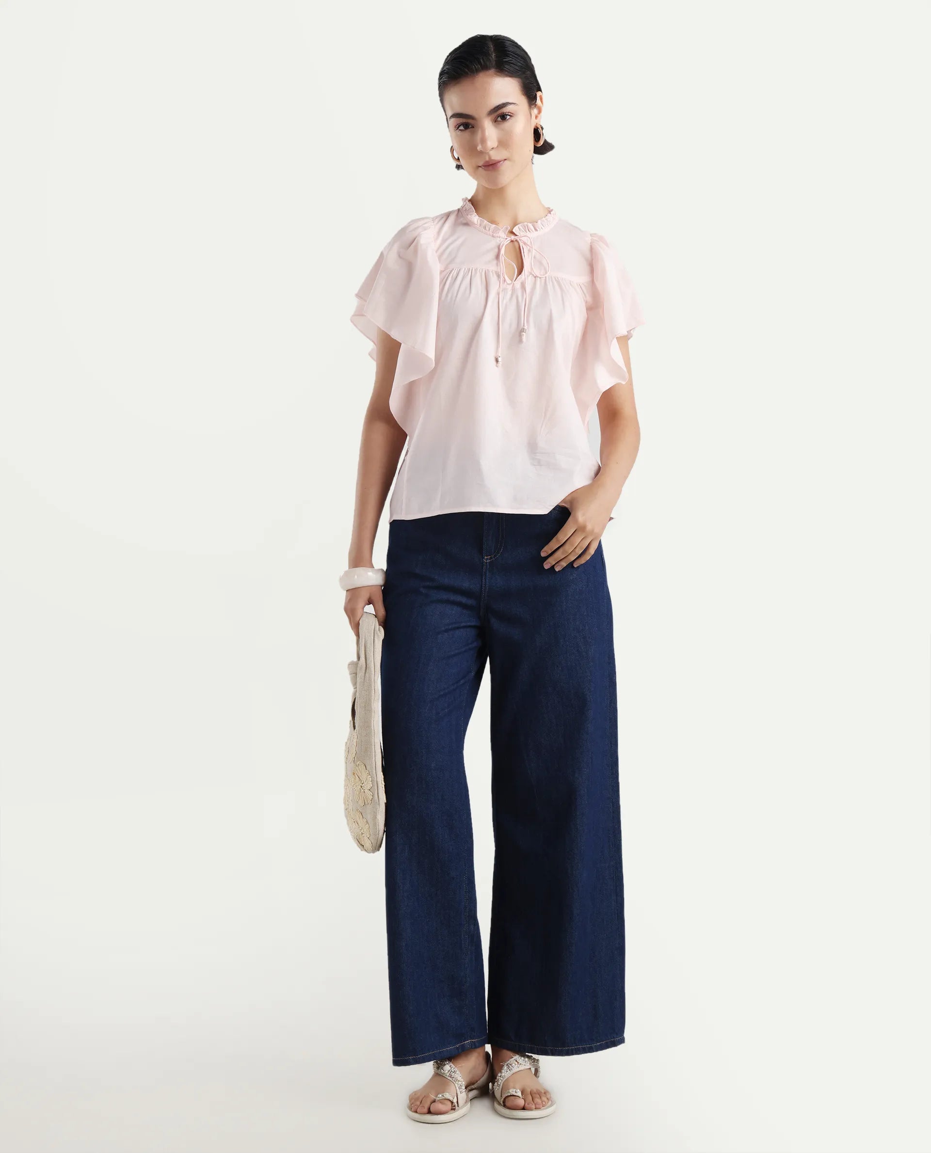 Rareism Women's Zues Pink Cotton Tie-Up Neck Plain Ruffled Sleeve Relaxed Fit Top