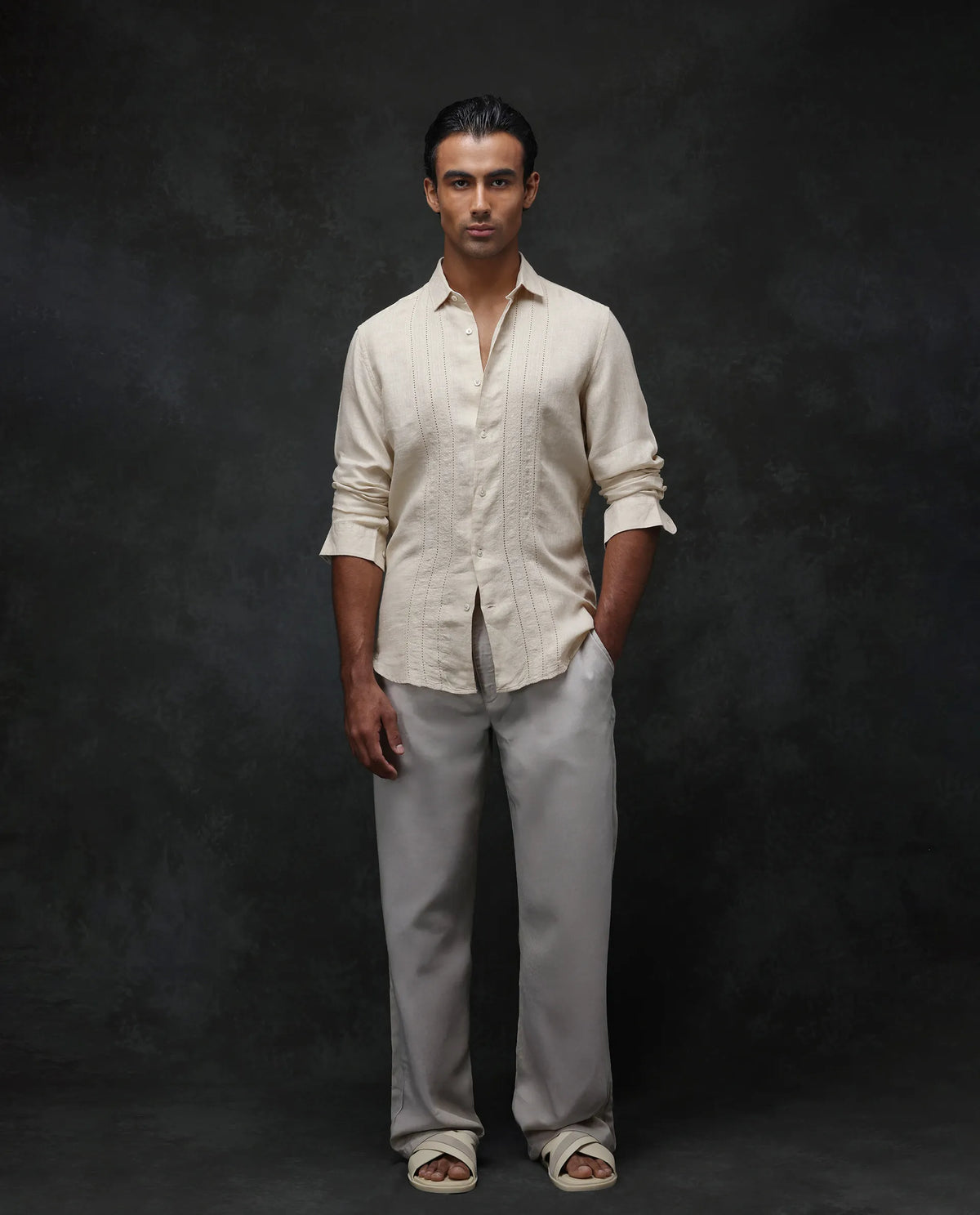 Rare Rabbit Men's Nino Beige 100% Linen Plain Regular Fit Full Sleeve Collared Shirt