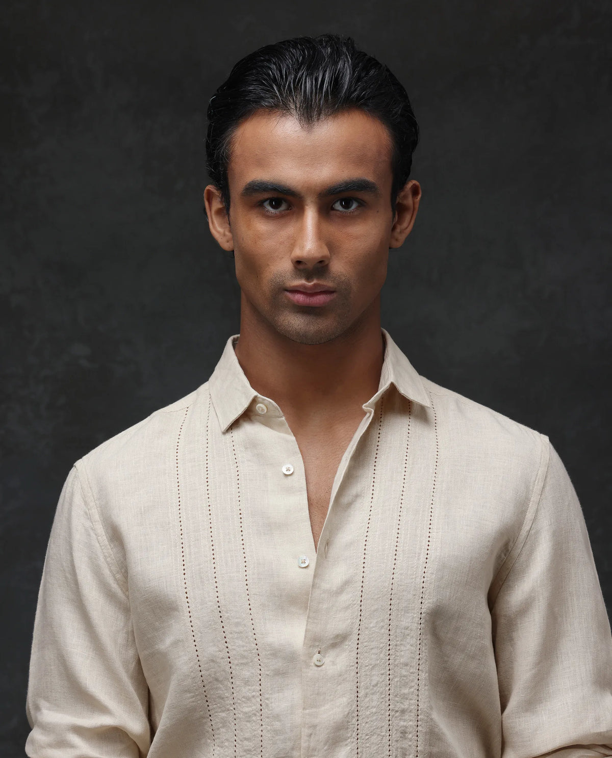 Rare Rabbit Men's Nino Beige 100% Linen Plain Regular Fit Full Sleeve Collared Shirt