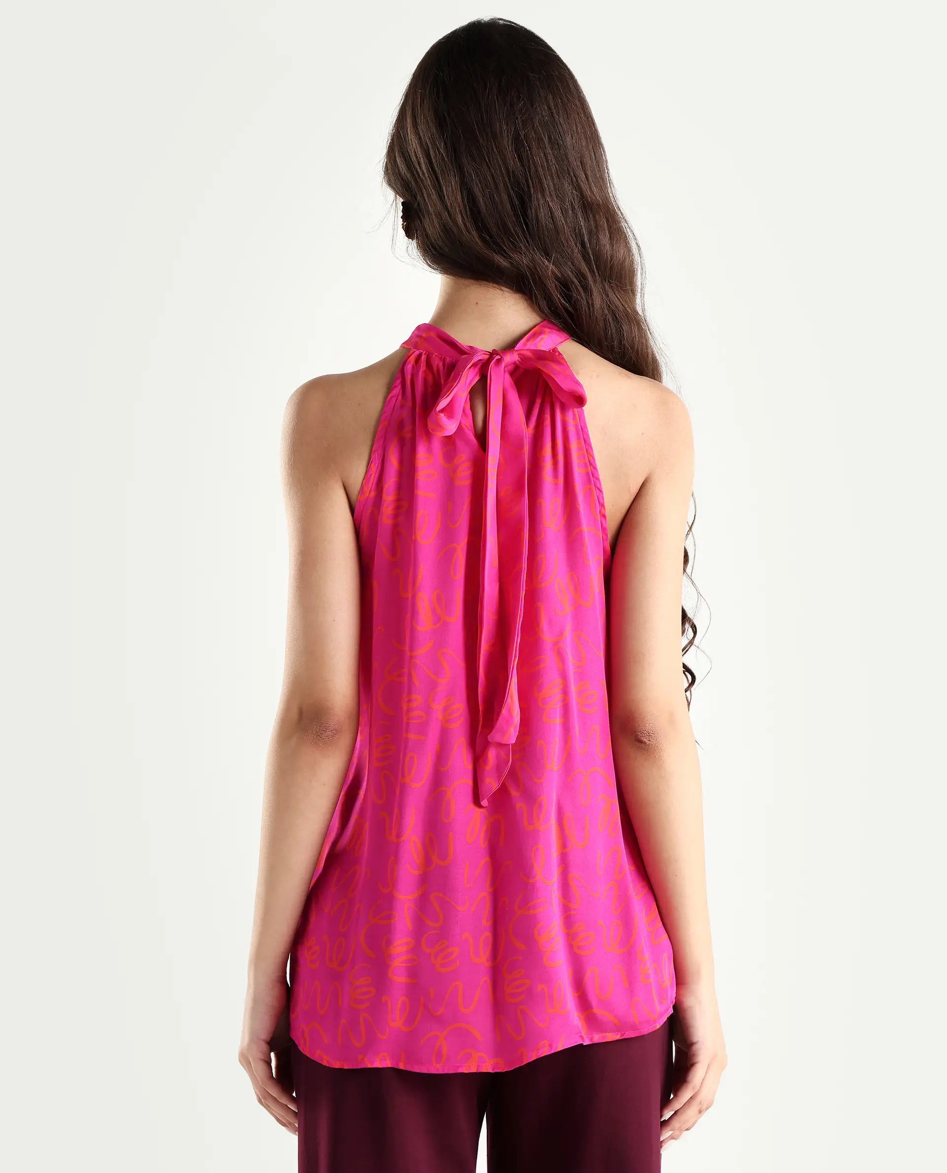 Rareism Women's Meet Pink Halter Neck Printed Sleeveless Knee Length Tailored Top