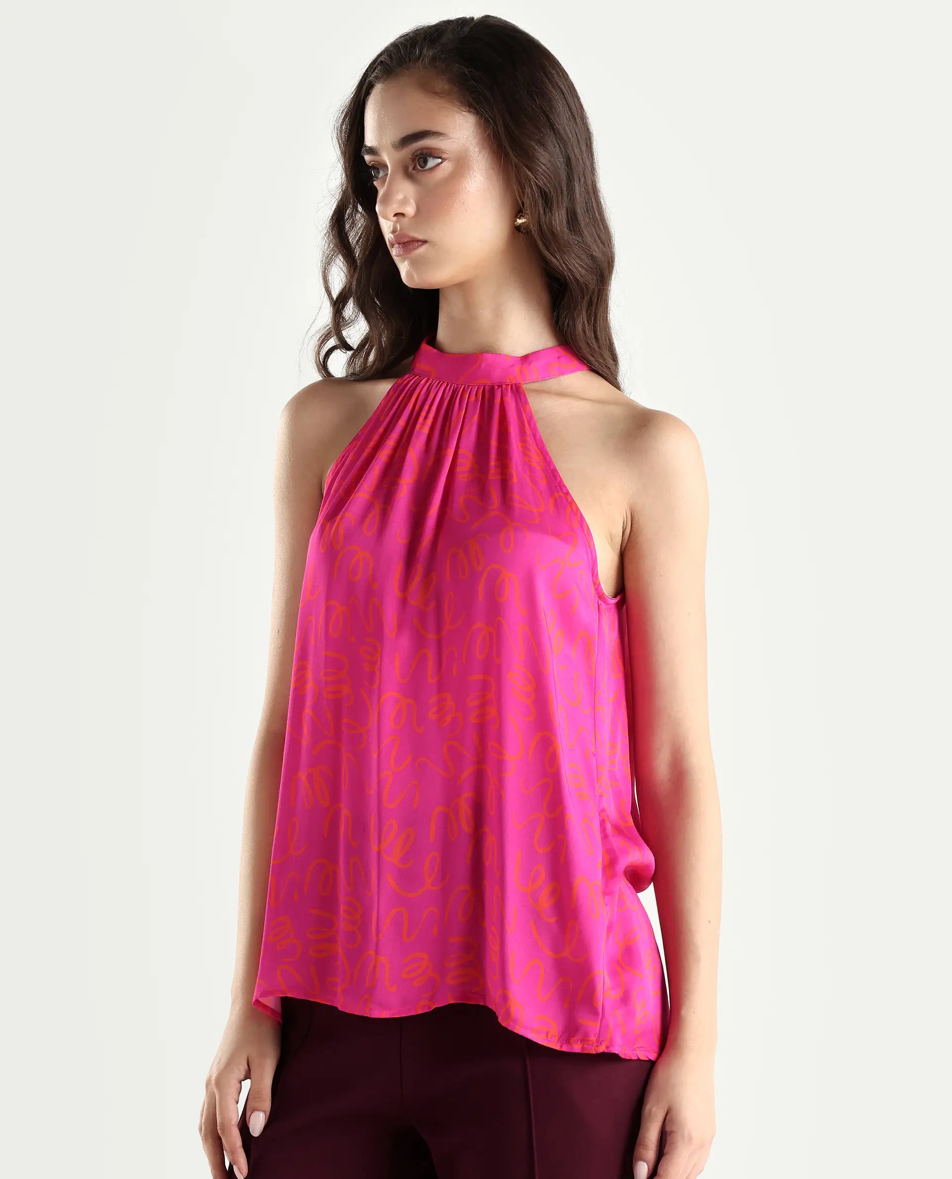 Rareism Women's Meet Pink Halter Neck Printed Sleeveless Knee Length Tailored Top