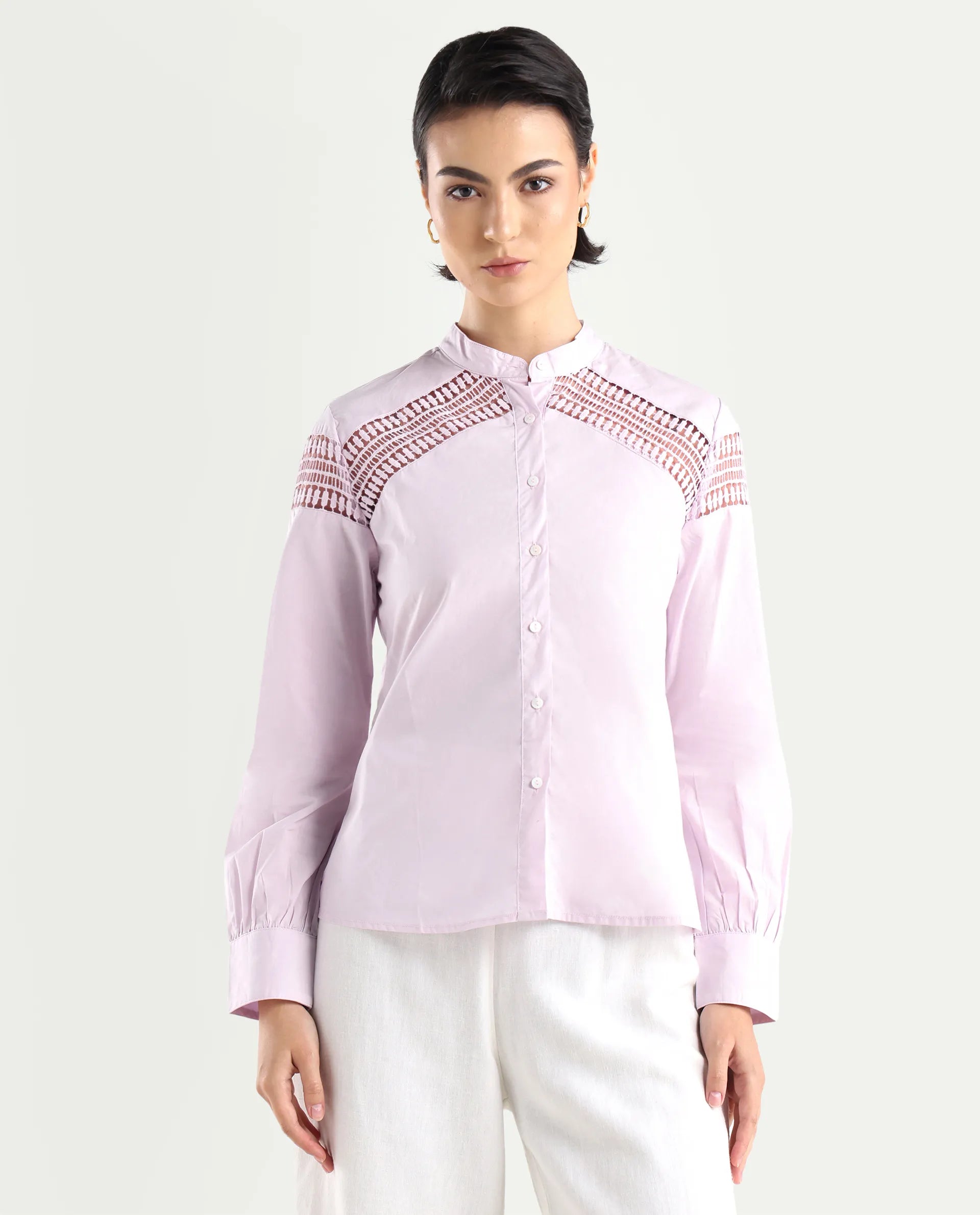 Rareism Women's Zoom Purple Cotton Mandarin Collar Plain Regular Fit Top