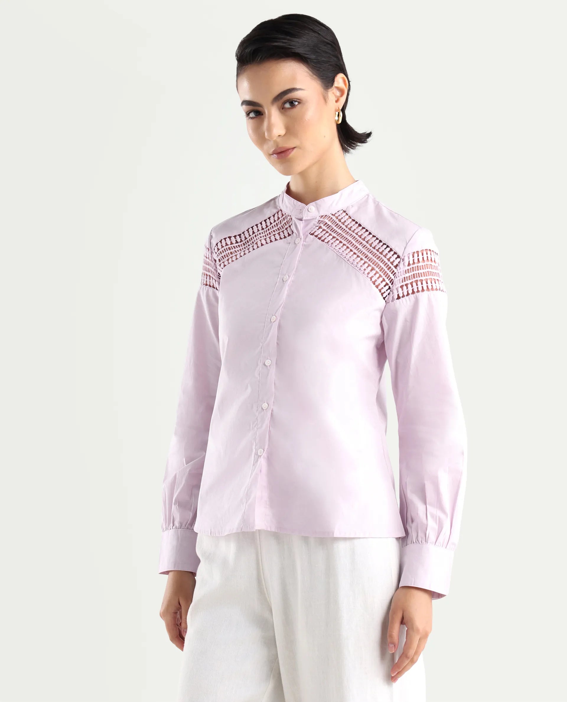 Rareism Women's Zoom Purple Cotton Mandarin Collar Plain Regular Fit Top