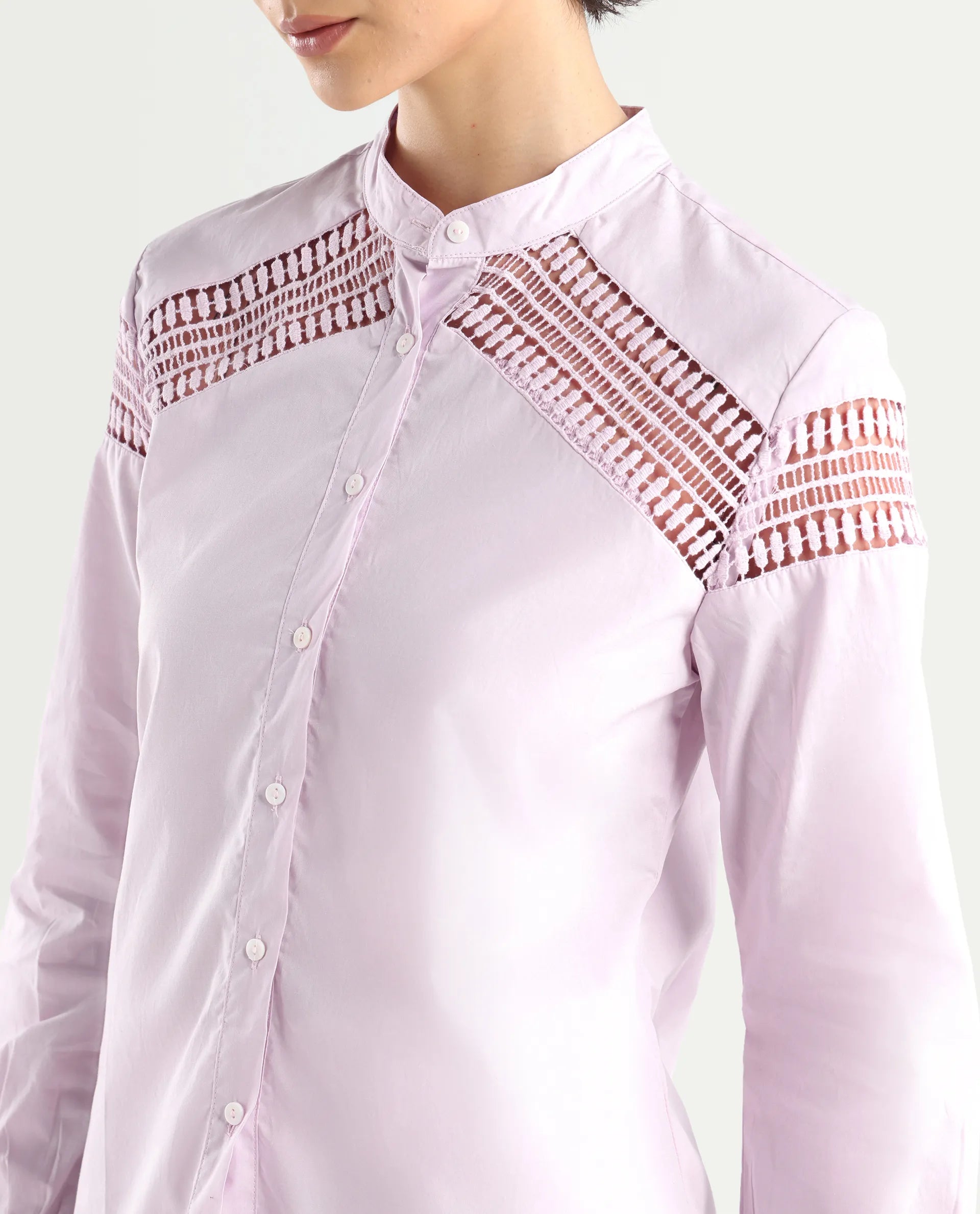 Rareism Women's Zoom Purple Cotton Mandarin Collar Plain Regular Fit Top