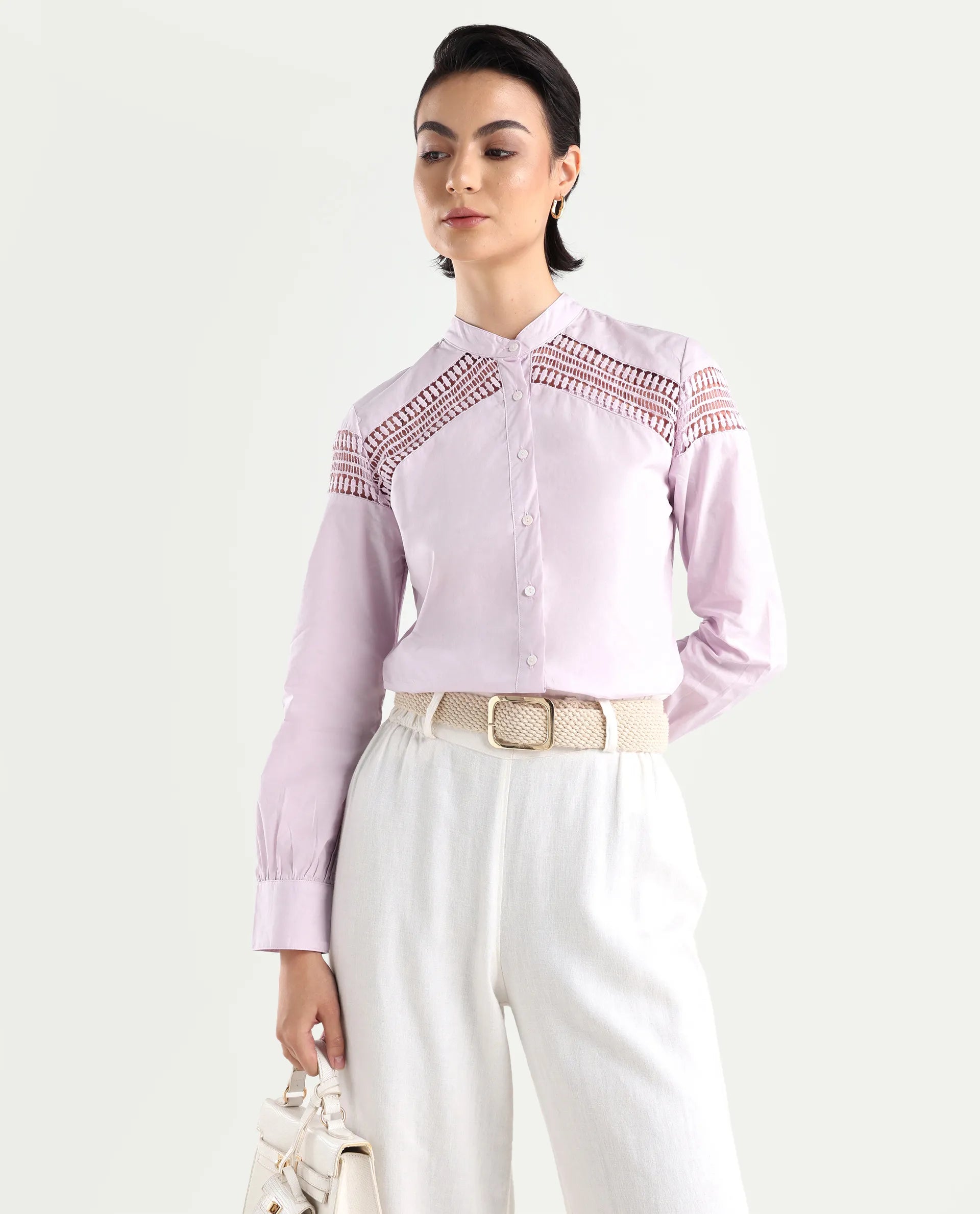 Rareism Women's Zoom Purple Cotton Mandarin Collar Plain Regular Fit Top