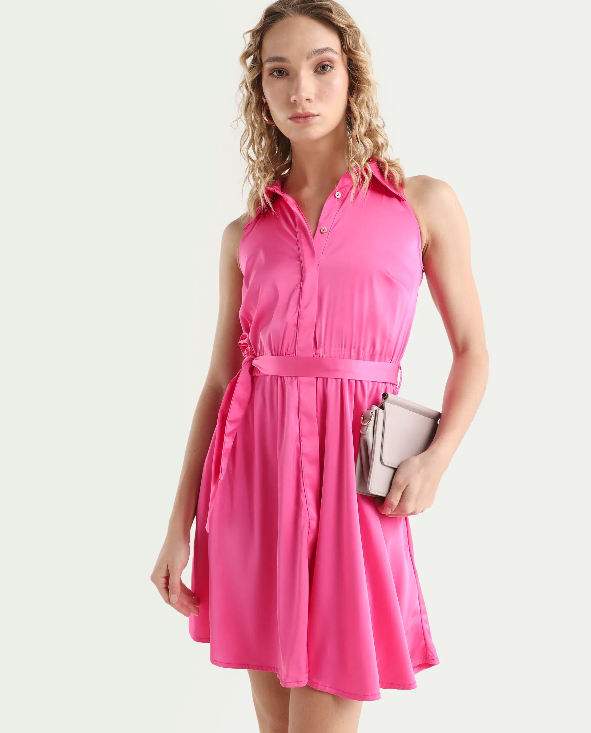 Rareism Women's Sulphur Pink Modal Blend Halter Neck Plain Sleeveless Mini Regular Fit Dress