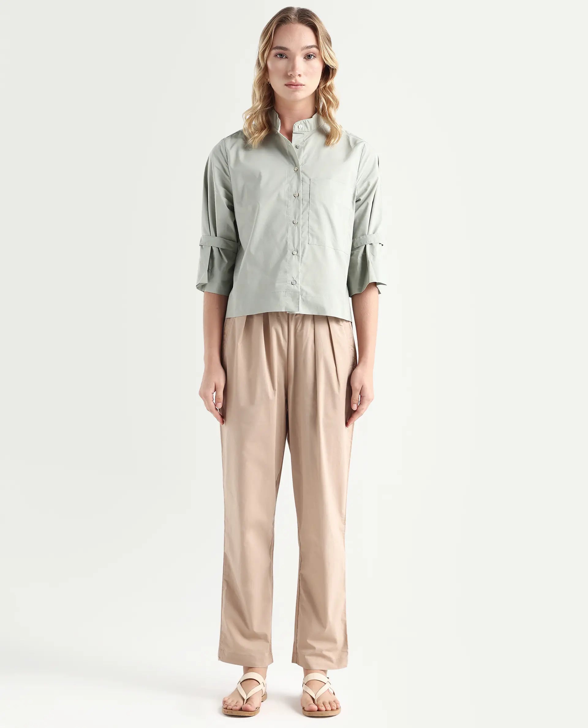 Rareism Women's Juven Beige Polyester Blend Plain Ankle Length Tapered Trouser