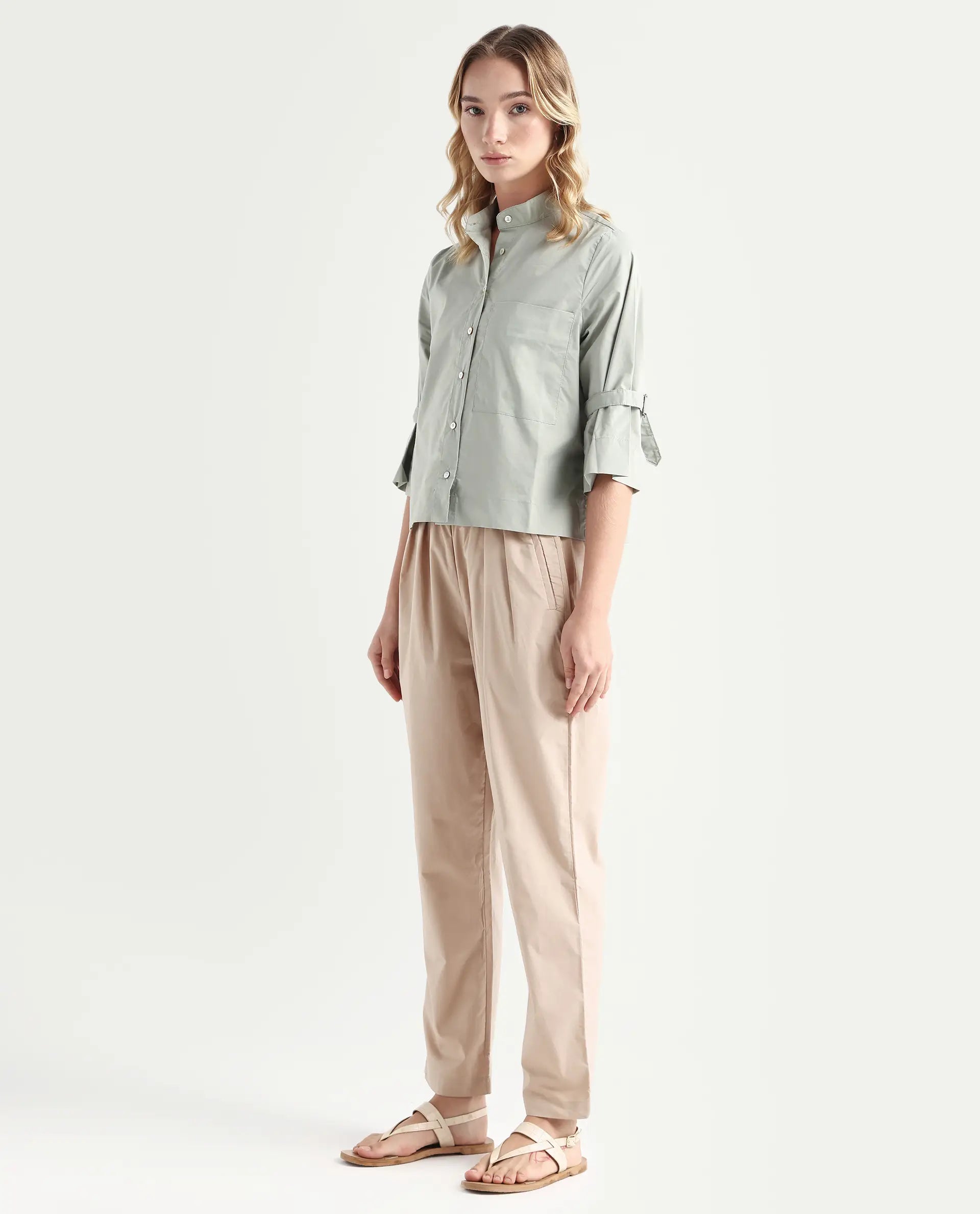 Rareism Women's Juven Beige Polyester Blend Plain Ankle Length Tapered Trouser