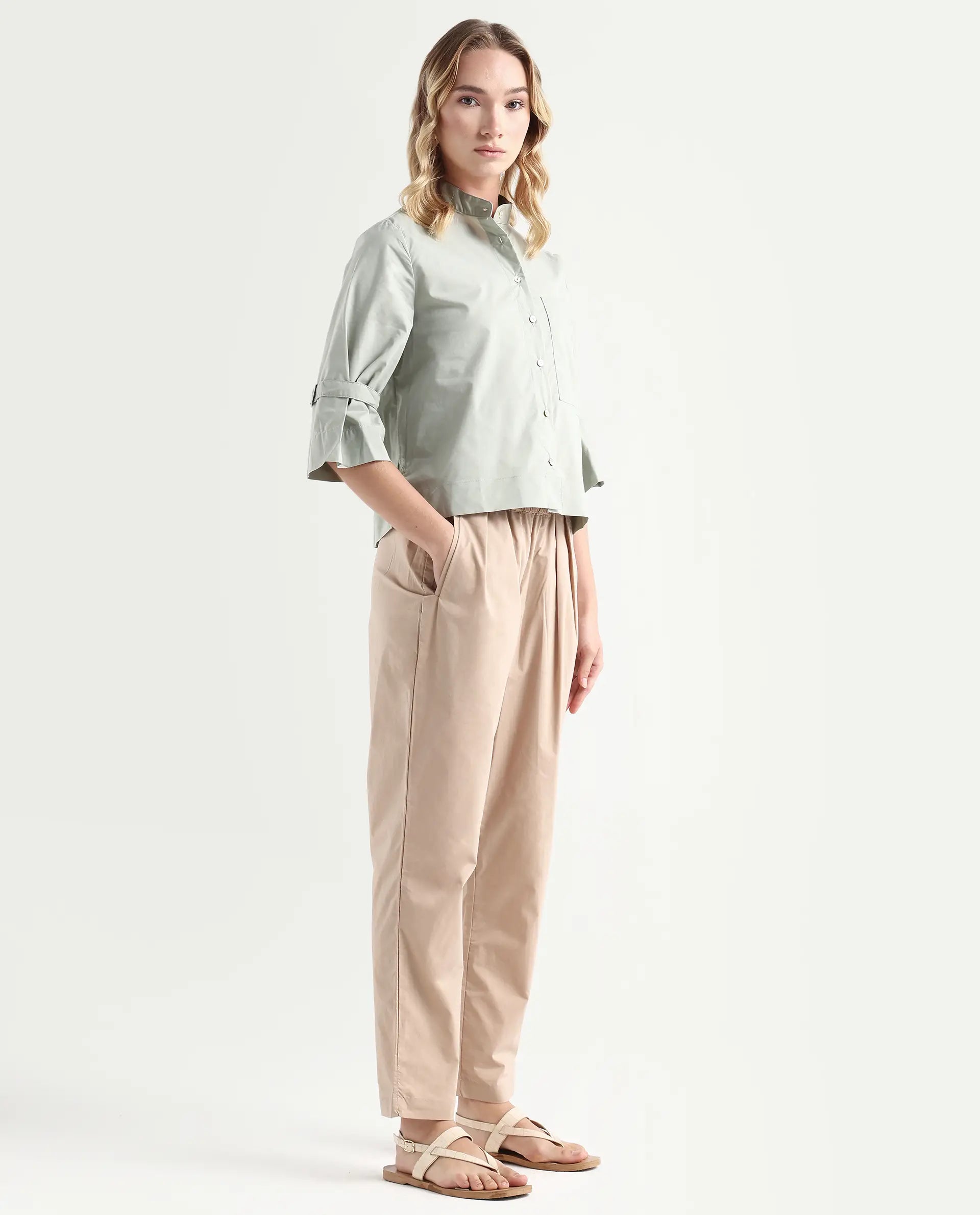 Rareism Women's Juven Beige Polyester Blend Plain Ankle Length Tapered Trouser