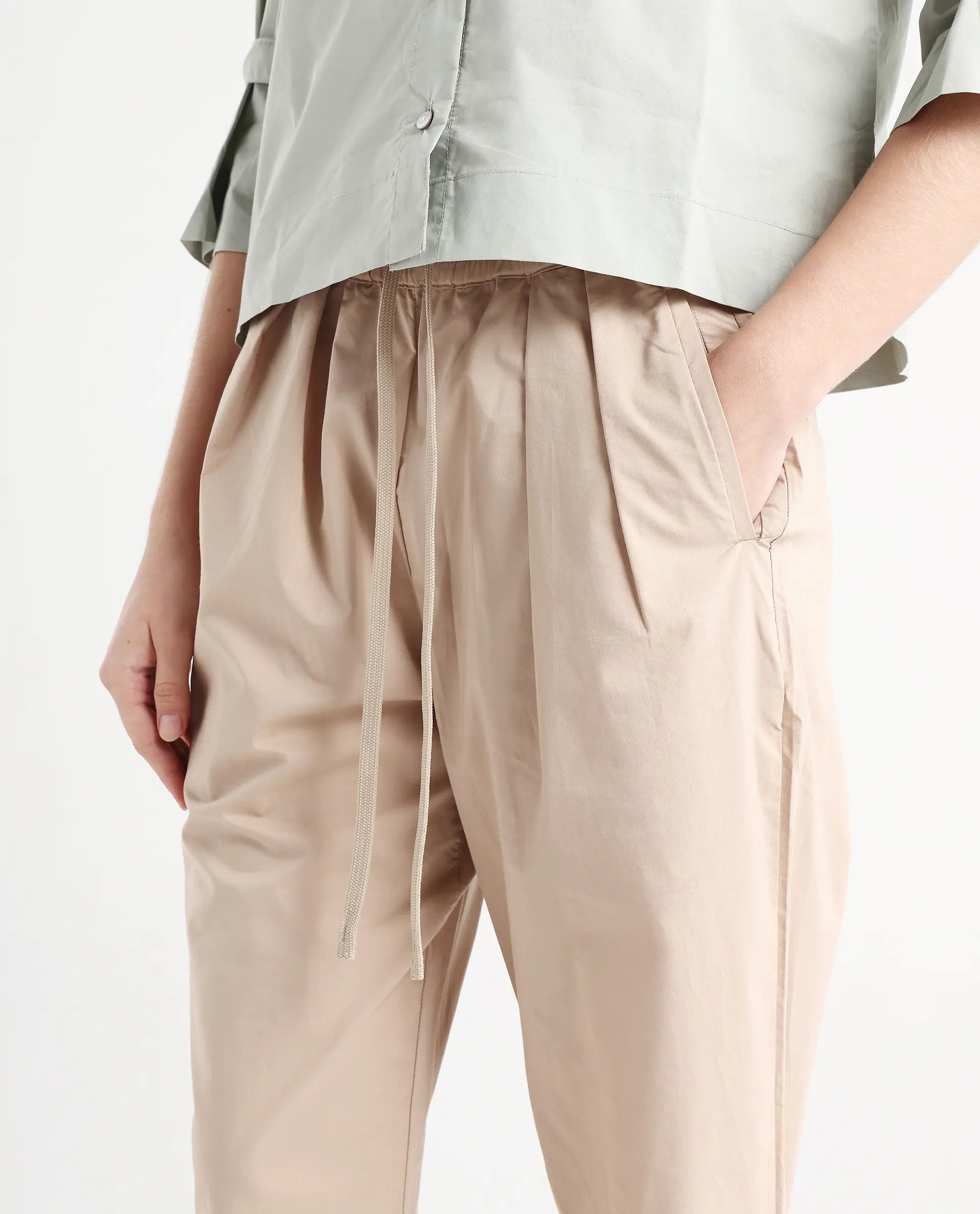 Rareism Women's Juven Beige Polyester Blend Plain Ankle Length Tapered Trouser