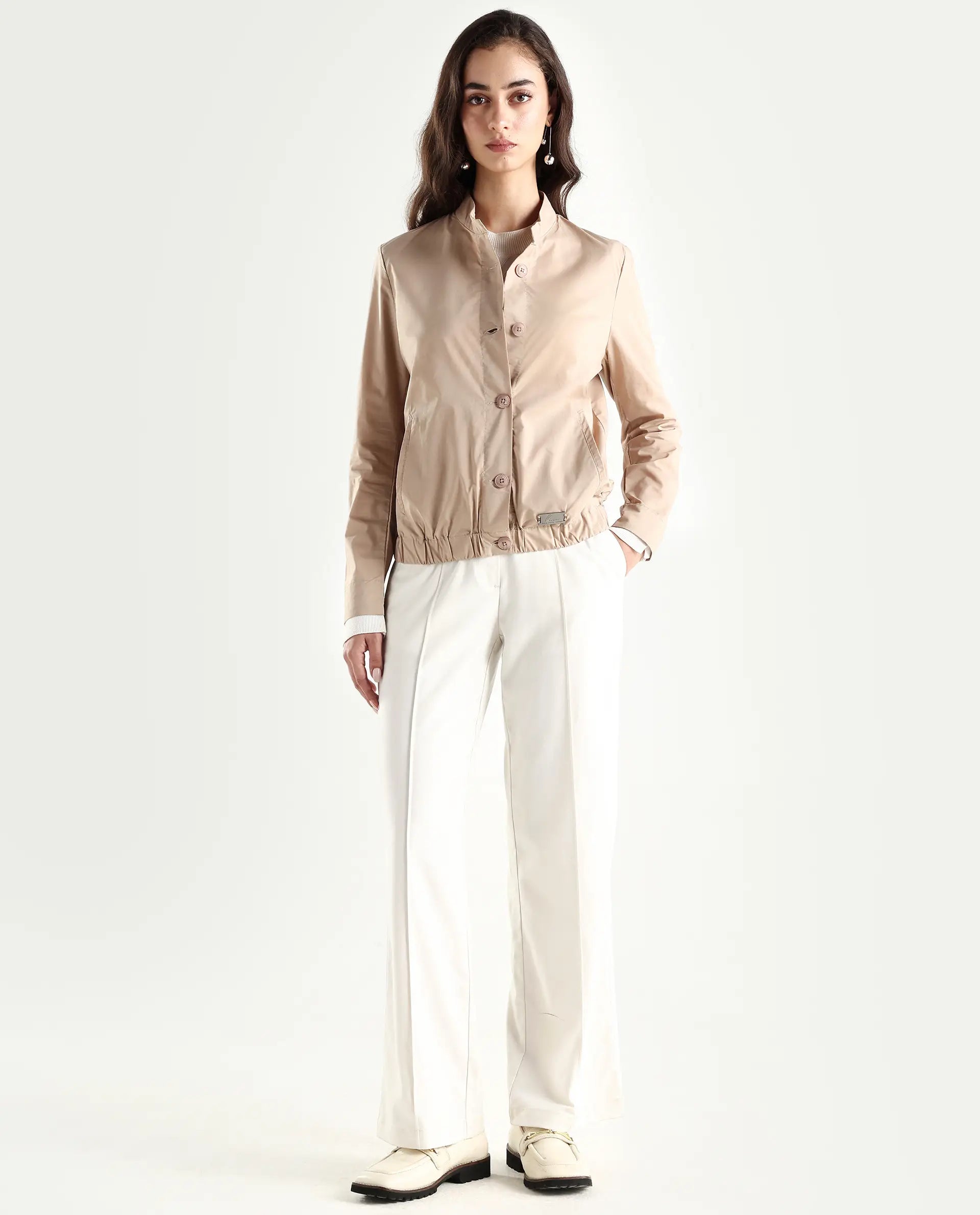 Rareism Women's Aomori Beige Polyester Blend Mandarin Collar Plain Regular Fit Jacket