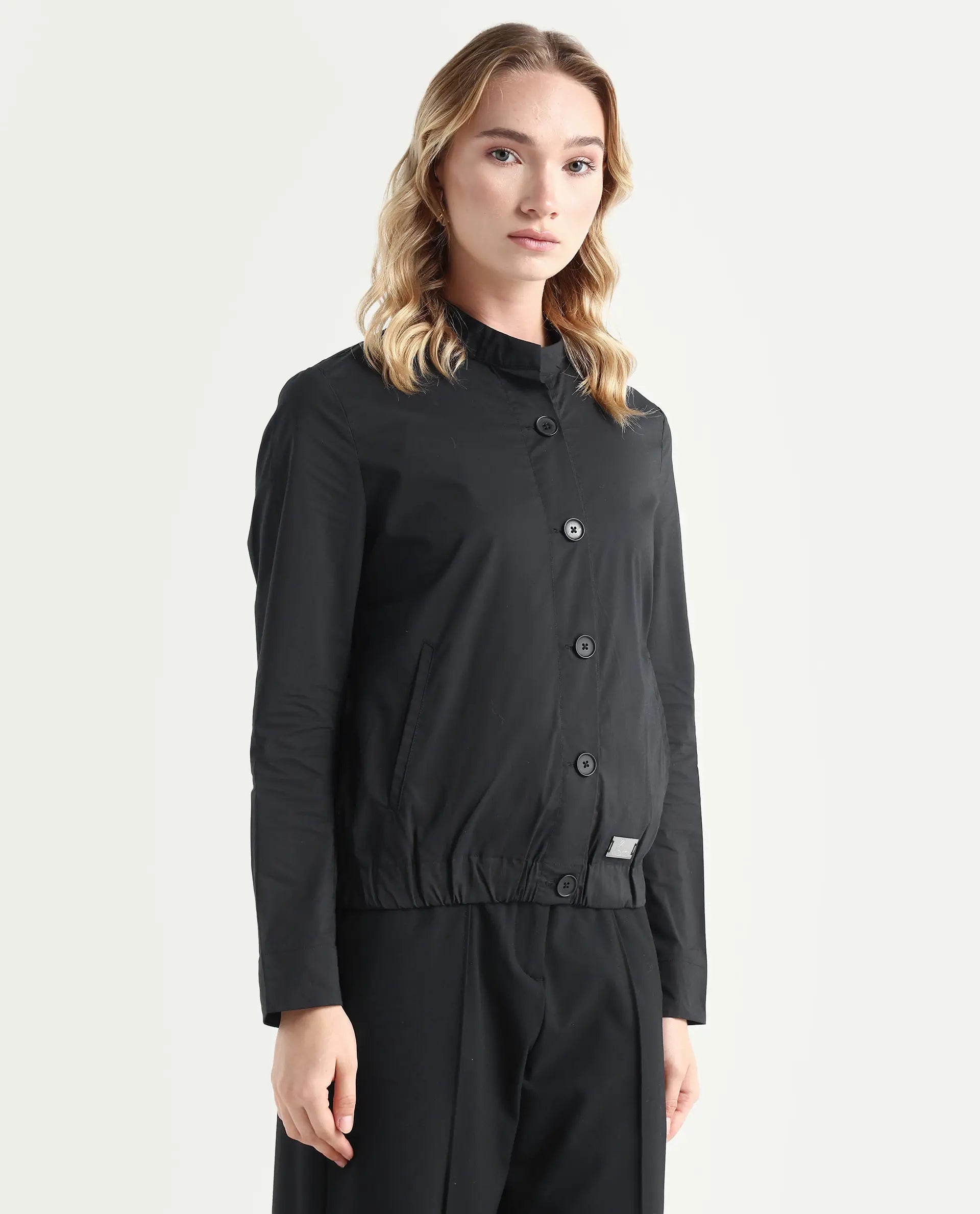 Rareism Women's Aomori Black Polyester Blend Mandarin Collar Plain Regular Fit Jacket