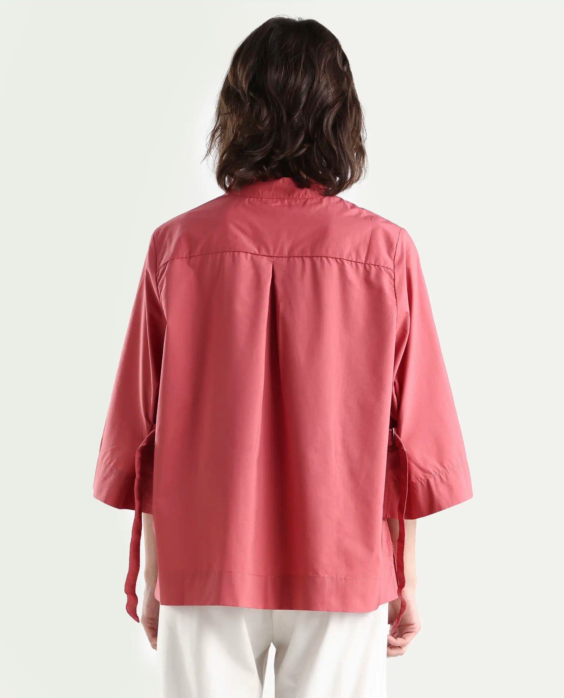 Rareism Women's Sendai Red Mandarin Collar Plain Knee Length Regular Fit Top