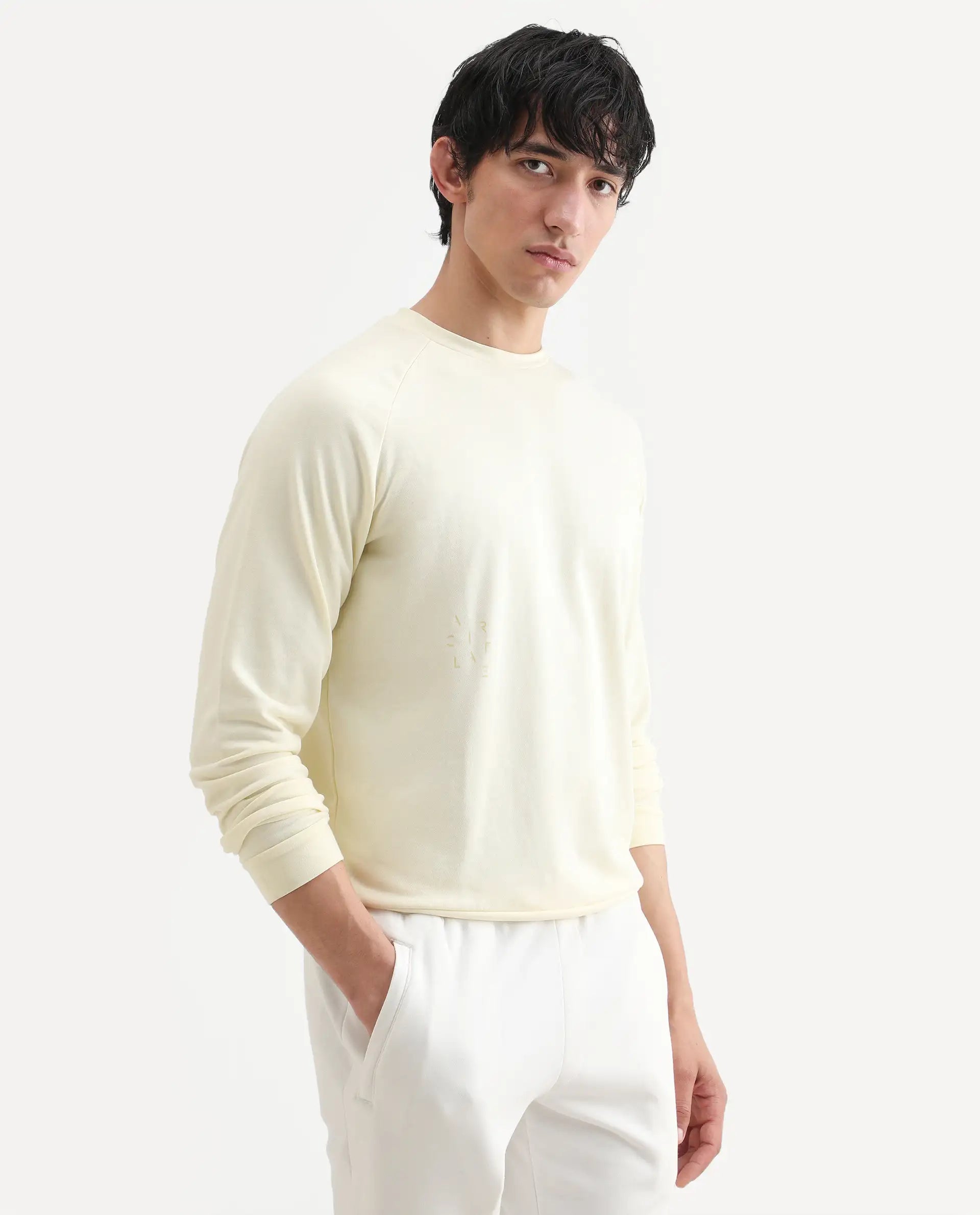 Rare Rabbit Articale Men's Arum Blonde Yellow Cotton Fabric Full Sleeves Solid Sweatshirt