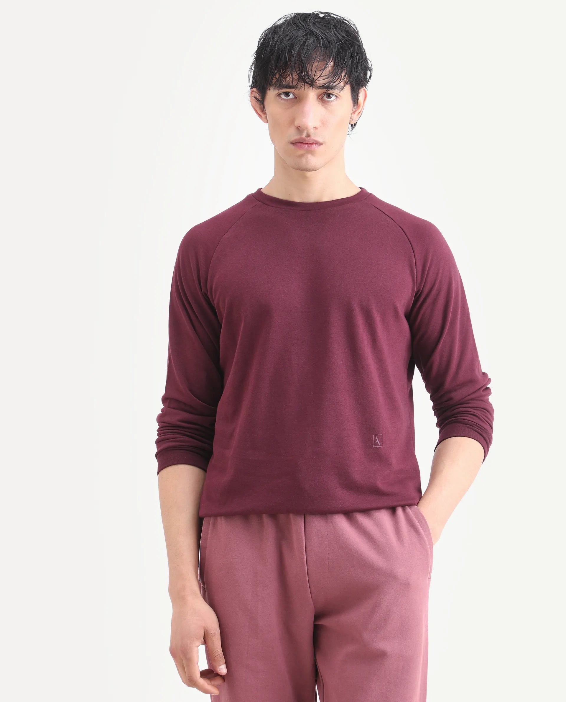 Rare Rabbit Articale Men's Arum Burnt Prune Cotton Fabric Full Sleeves Solid Sweatshirt