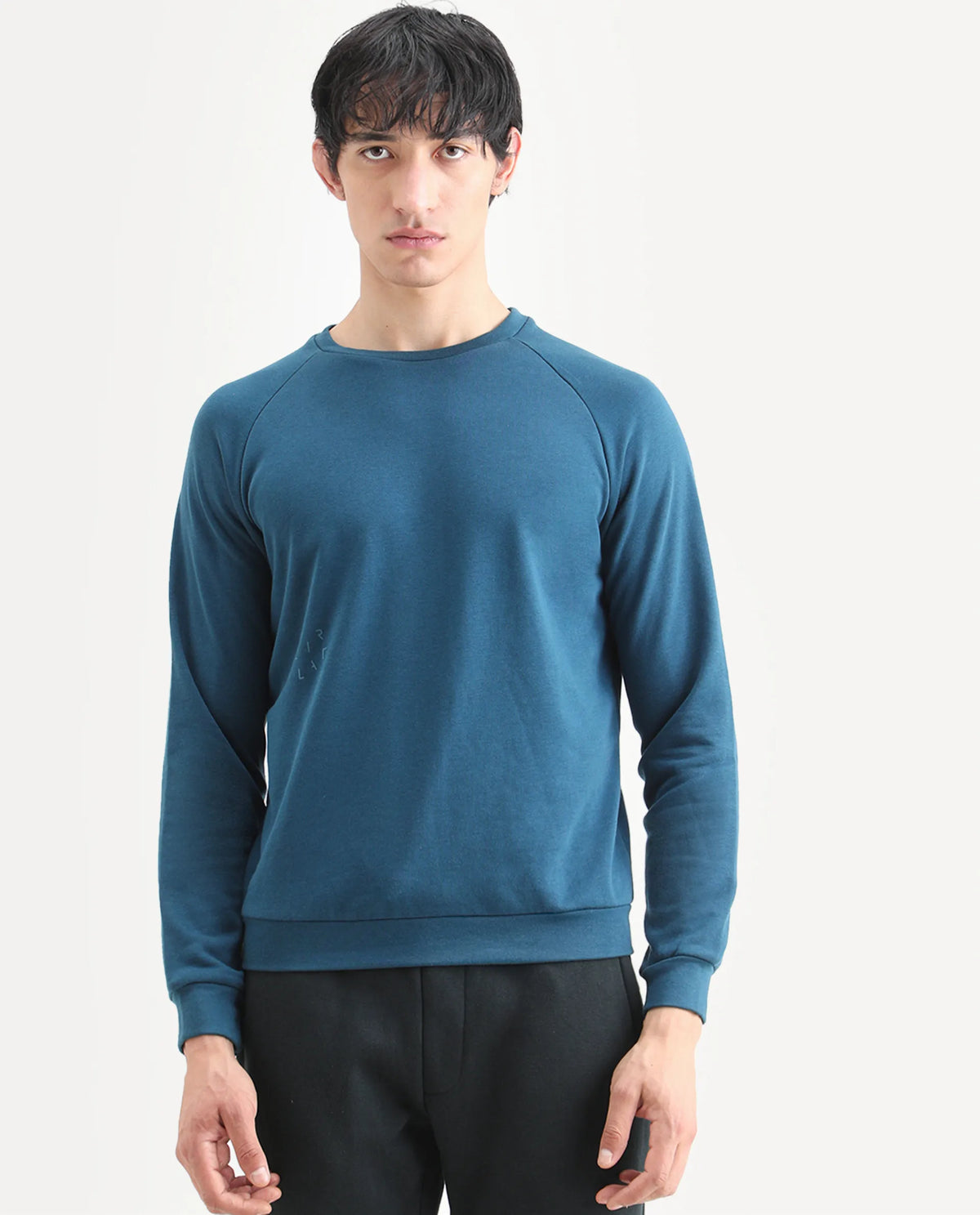 Rare Rabbit Articale Men's Arum Enamel Blue Cotton Fabric Full Sleeves Solid Sweatshirt