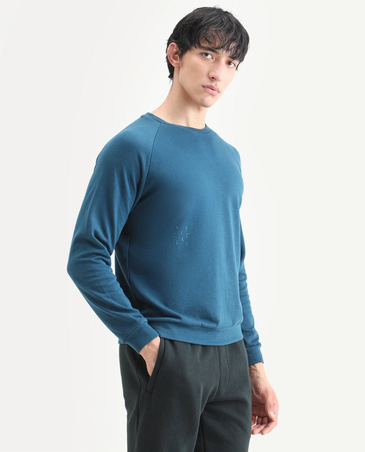 Rare Rabbit Articale Men's Arum Enamel Blue Cotton Fabric Full Sleeves Solid Sweatshirt