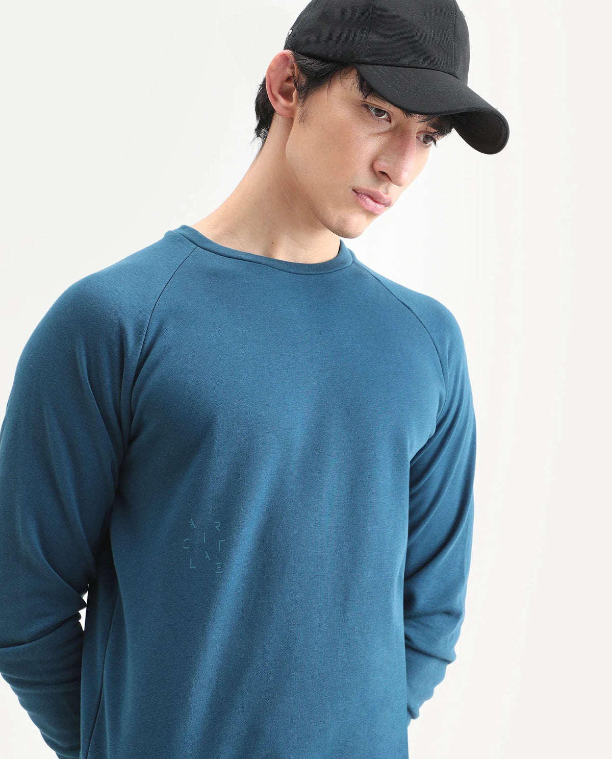 Rare Rabbit Articale Men's Arum Enamel Blue Cotton Fabric Full Sleeves Solid Sweatshirt
