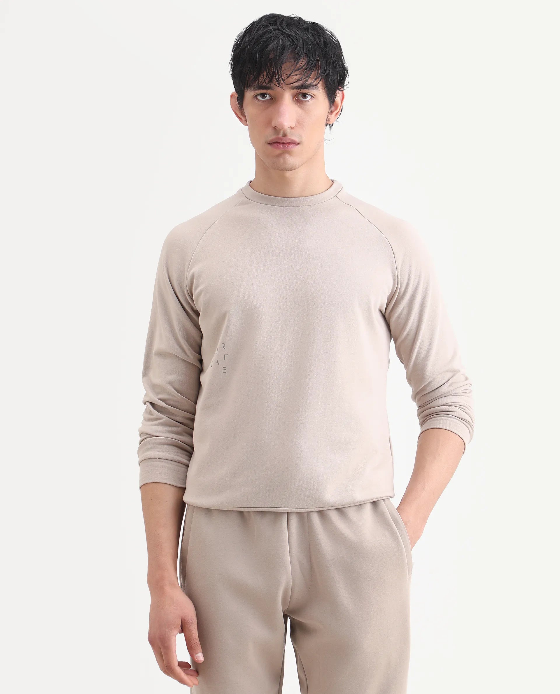 Rare Rabbit Articale Men's Arum Sand Beige Cotton Fabric Full Sleeves Solid Sweatshirt