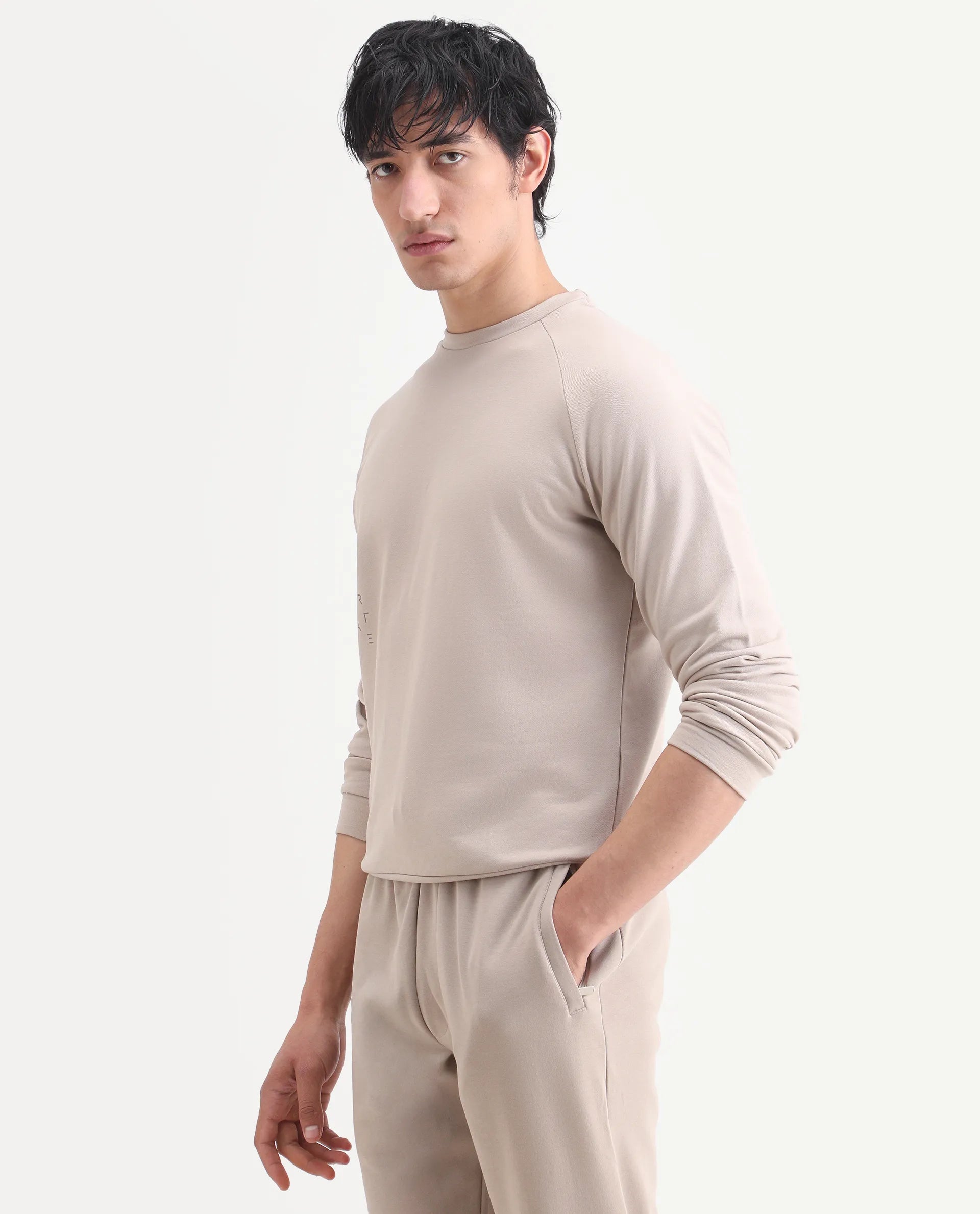 Rare Rabbit Articale Men's Arum Sand Beige Cotton Fabric Full Sleeves Solid Sweatshirt