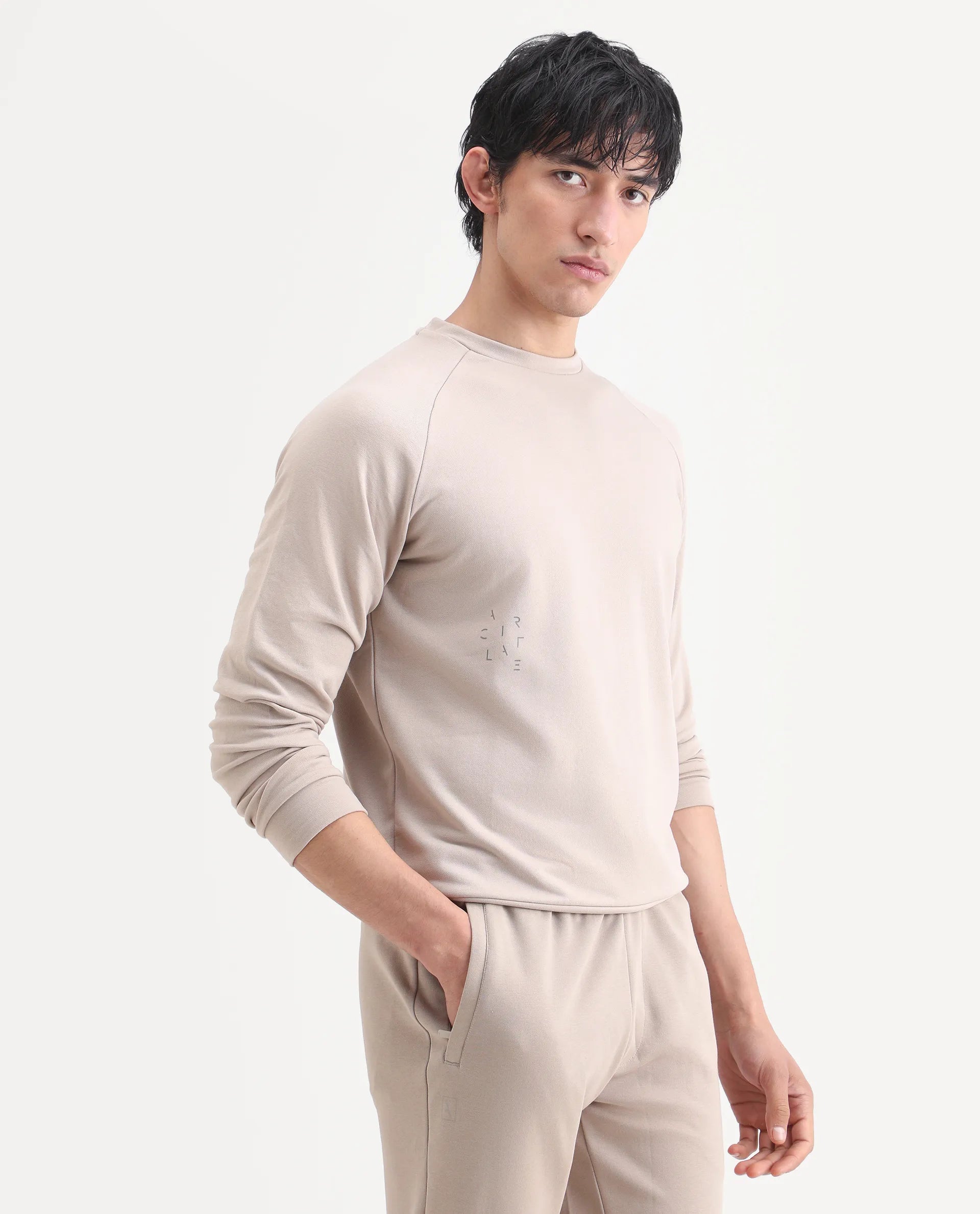 Rare Rabbit Articale Men's Arum Sand Beige Cotton Fabric Full Sleeves Solid Sweatshirt