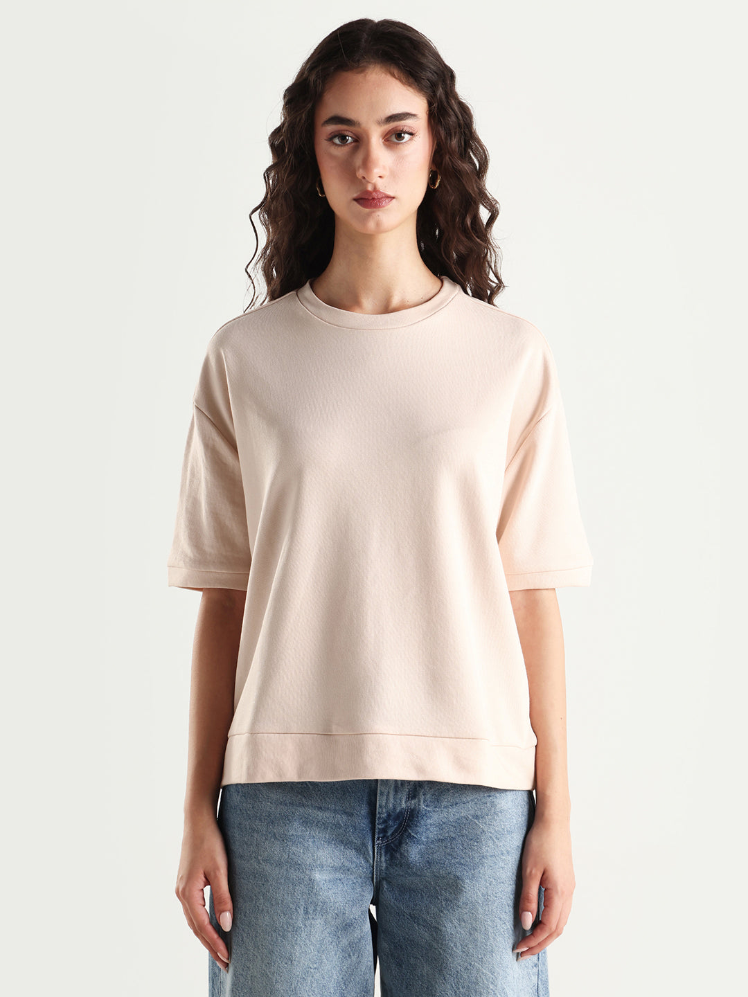 Rareism Women's Medium Weight Terry 290 Gsm Cotton Crew Neck Plain Relaxed Fit Sweat Tee