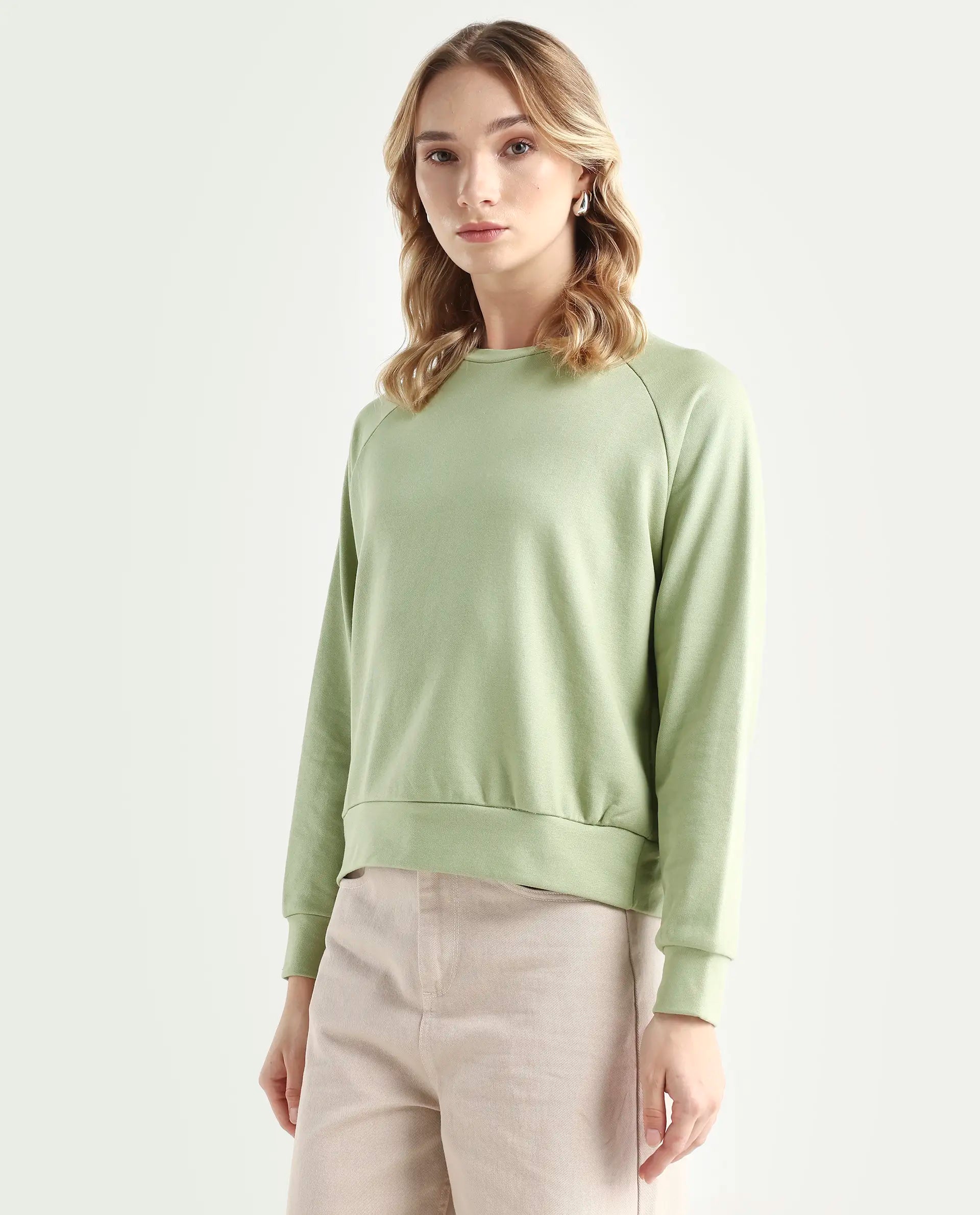 Rareism Women's Medium Weight Terry 290 Gsm Cotton Blend Crew Neck Plain Cuffed Sleeve Relaxed Fit Sweatshirt