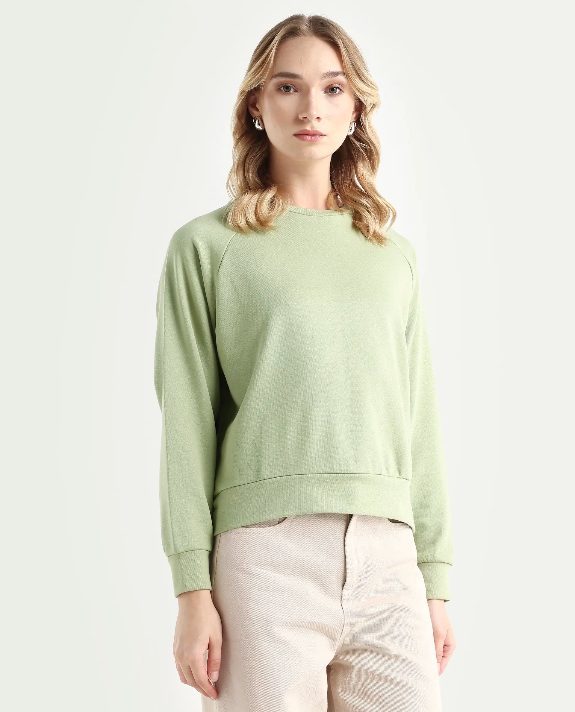 Rareism Women's Medium Weight Terry 290 Gsm Cotton Blend Crew Neck Plain Cuffed Sleeve Relaxed Fit Sweatshirt