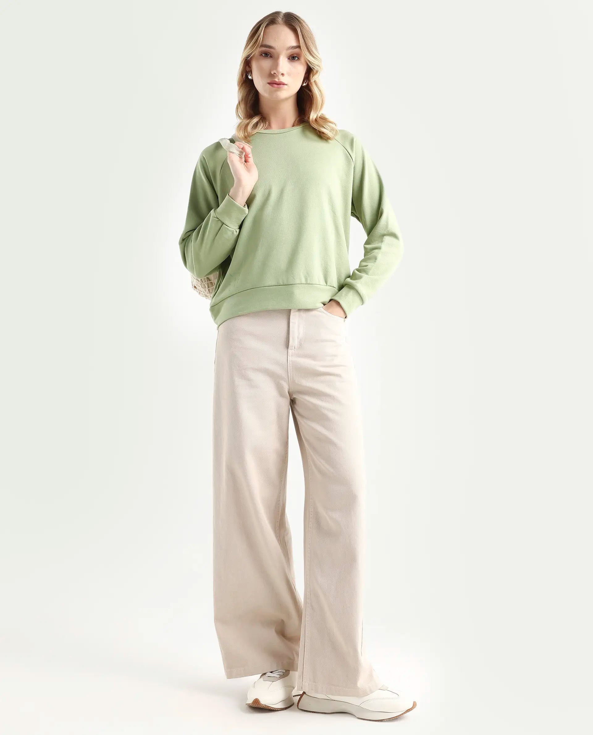 Rareism Women's Medium Weight Terry 290 Gsm Cotton Blend Crew Neck Plain Cuffed Sleeve Relaxed Fit Sweatshirt