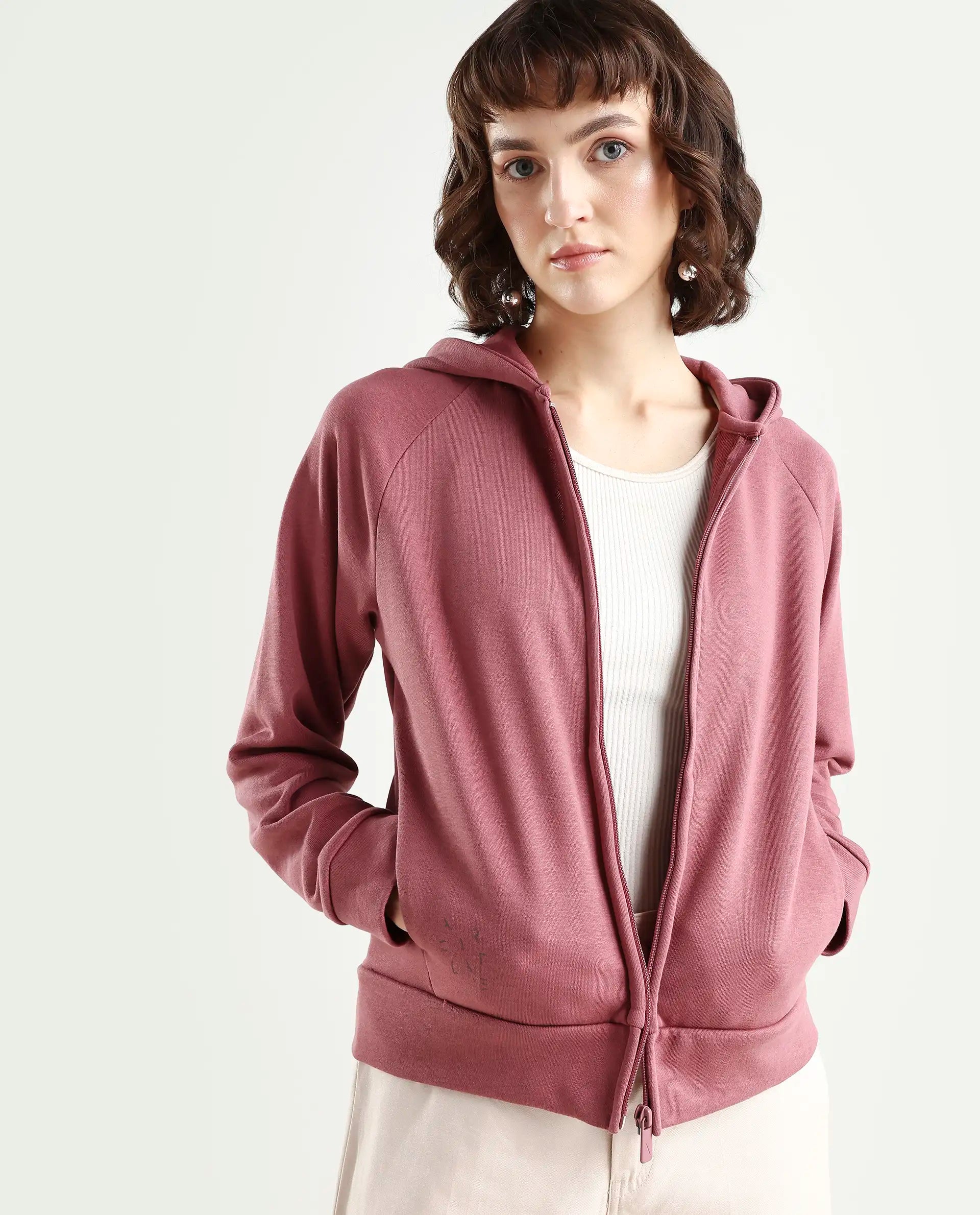Rareism Women's Medium Weight Terry 290 Gsm Cotton Blend Hooded Plain Regular Fit Jacket