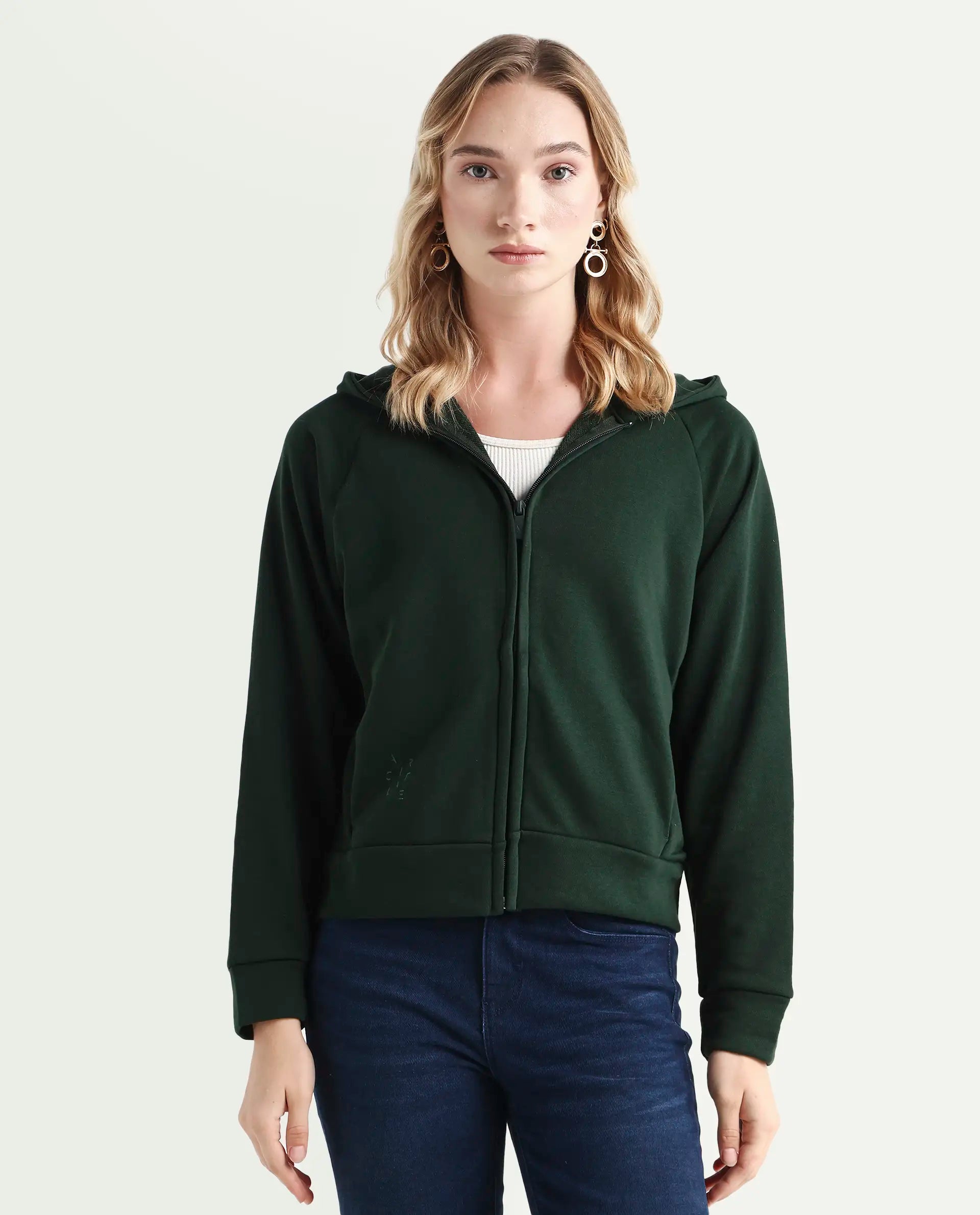 Rareism Women's Medium Weight Terry 290 Gsm Cotton Blend Hooded Plain Regular Fit Jacket