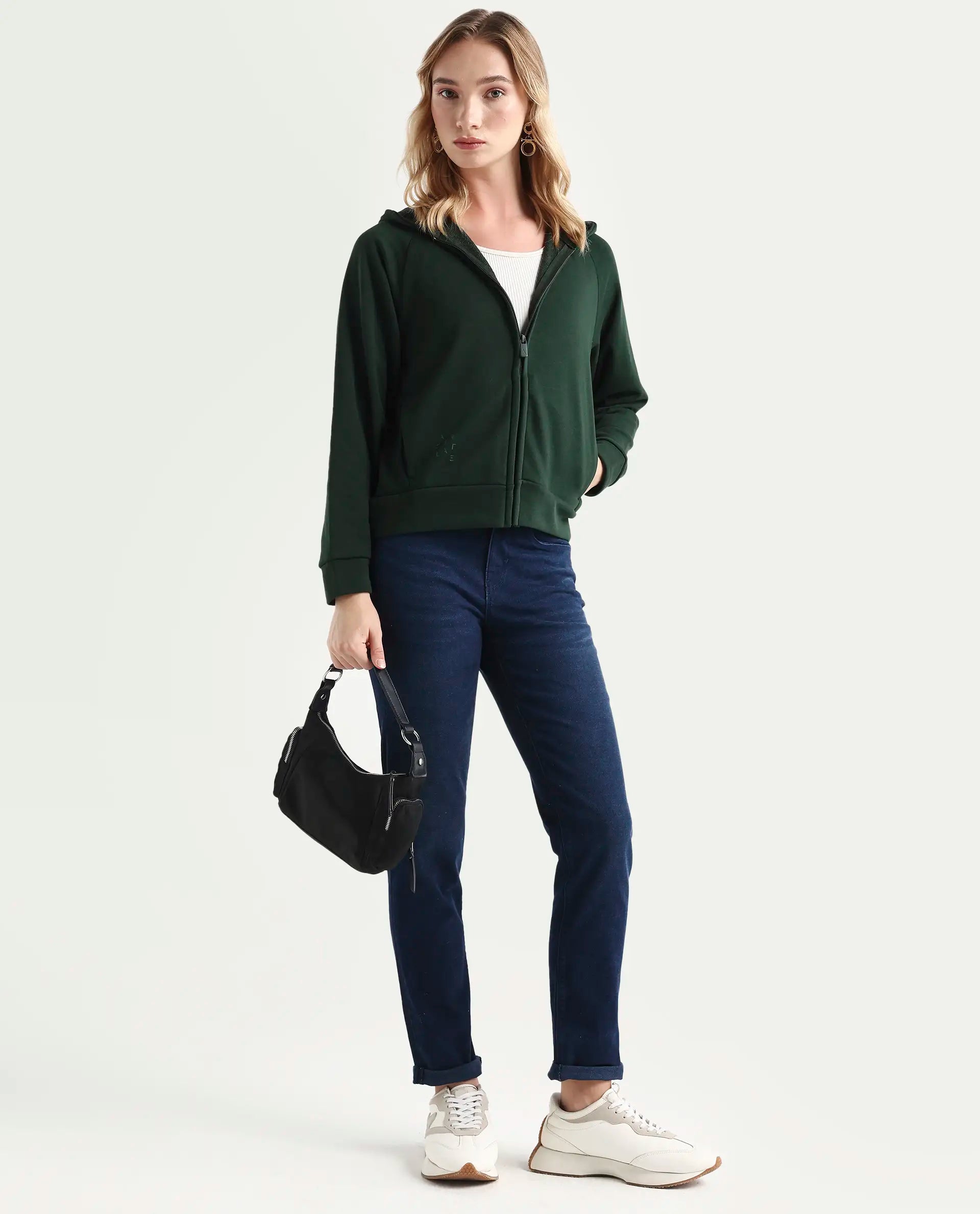 Rareism Women's Medium Weight Terry 290 Gsm Cotton Blend Hooded Plain Regular Fit Jacket