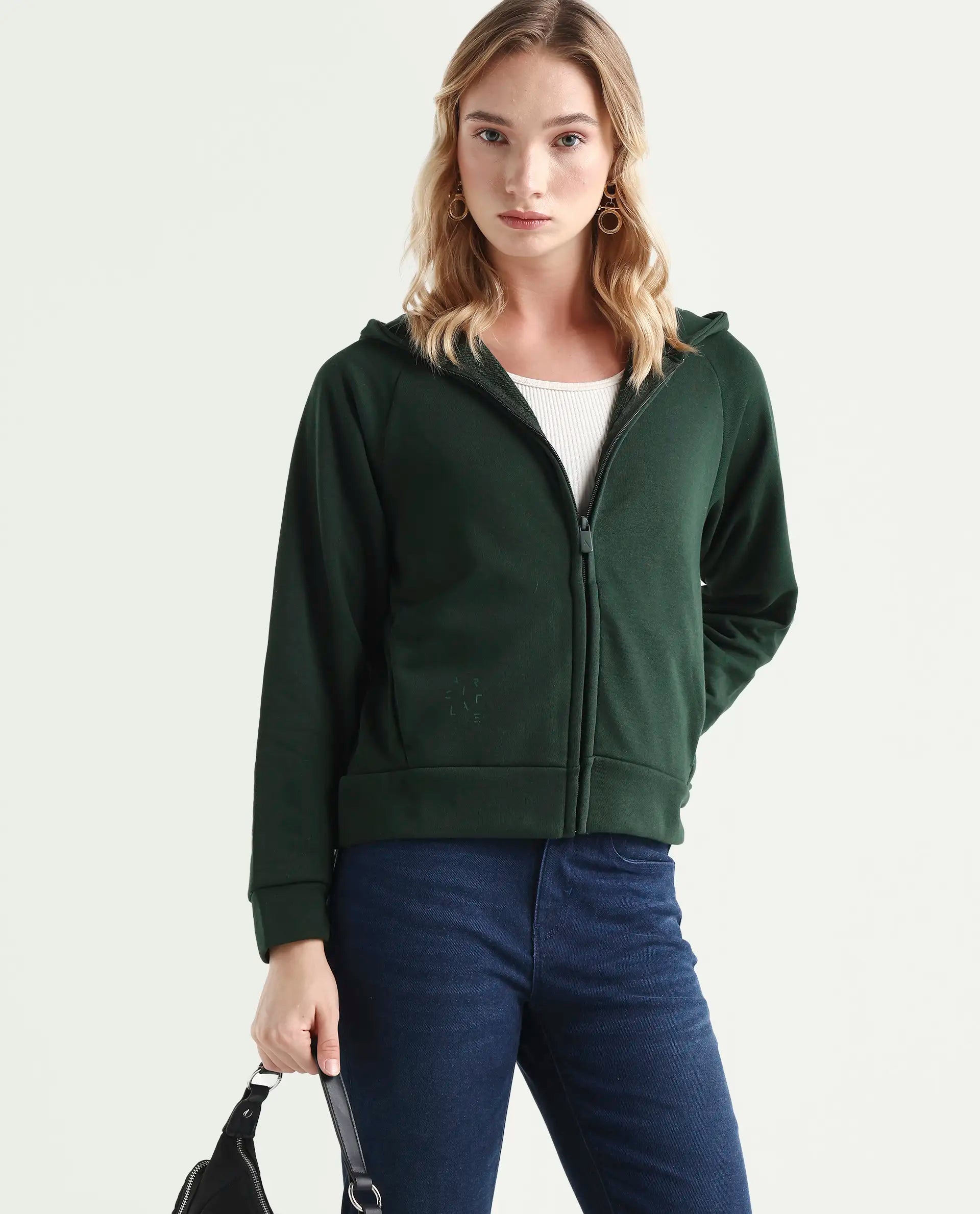 Rareism Women's Medium Weight Terry 290 Gsm Cotton Blend Hooded Plain Regular Fit Jacket