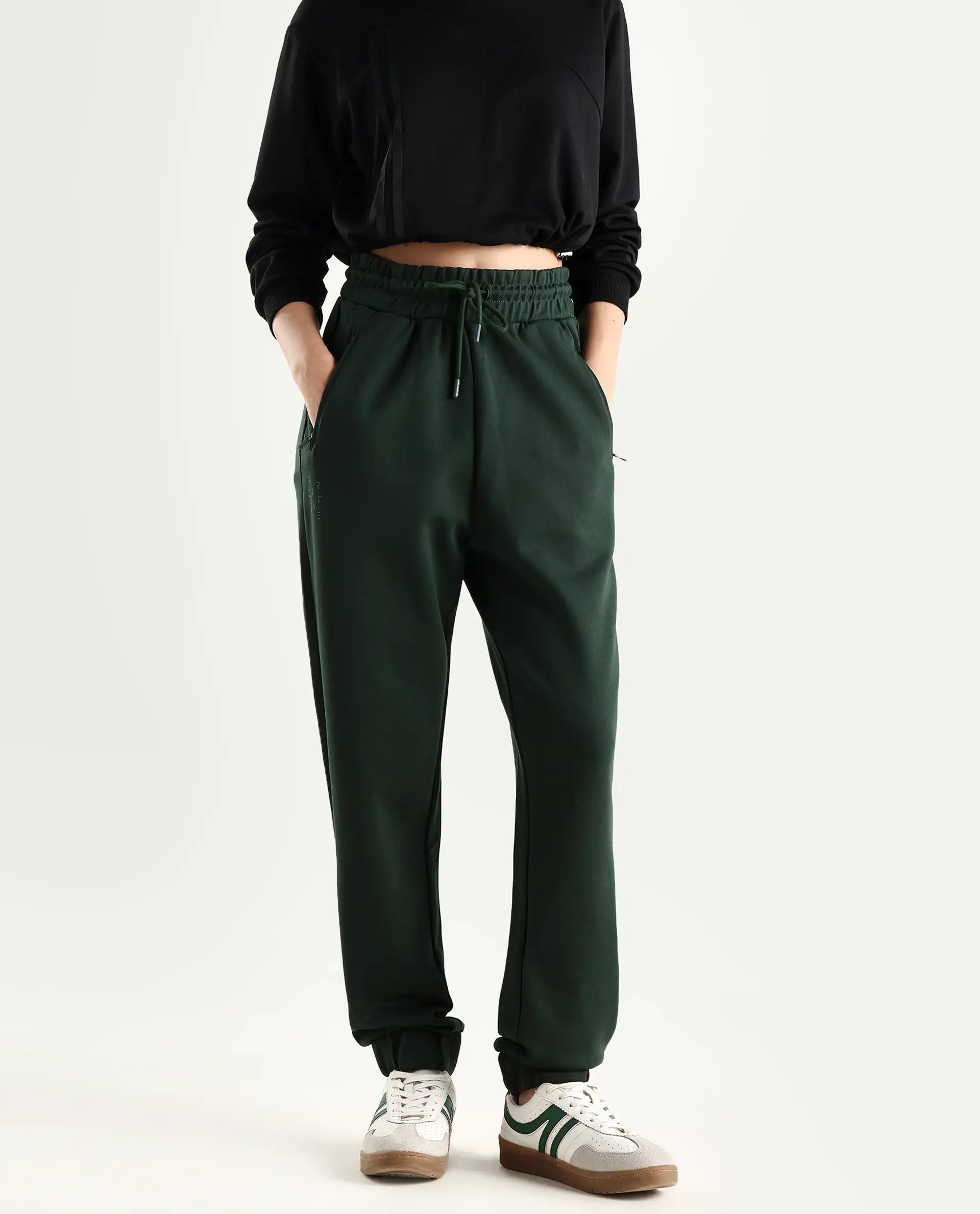 Rareism Women's Heavy Weight Interlock 340 Gsm Cotton Blend Plain Ankle Length Relaxed Fit Track Pant