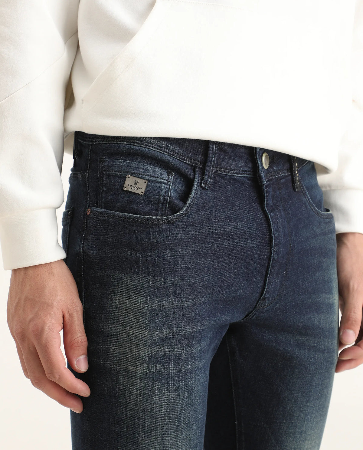 Rare Rabbit Men's Gaule Blue Cotton Plain Hawk Slim Fit Jeans