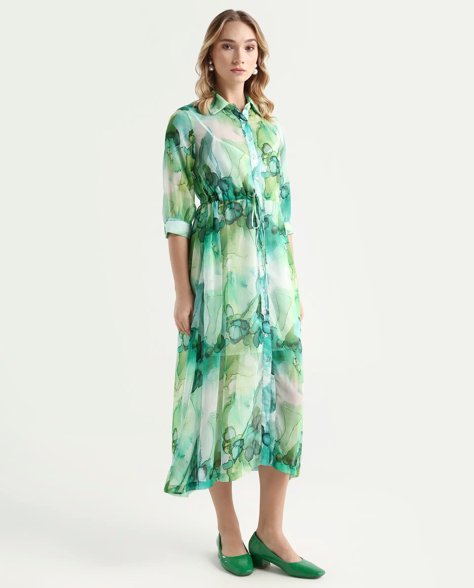 Rareism Women's Jamaica Green Sweetheart Neck Floral Print Knee Length Regular Fit Dress